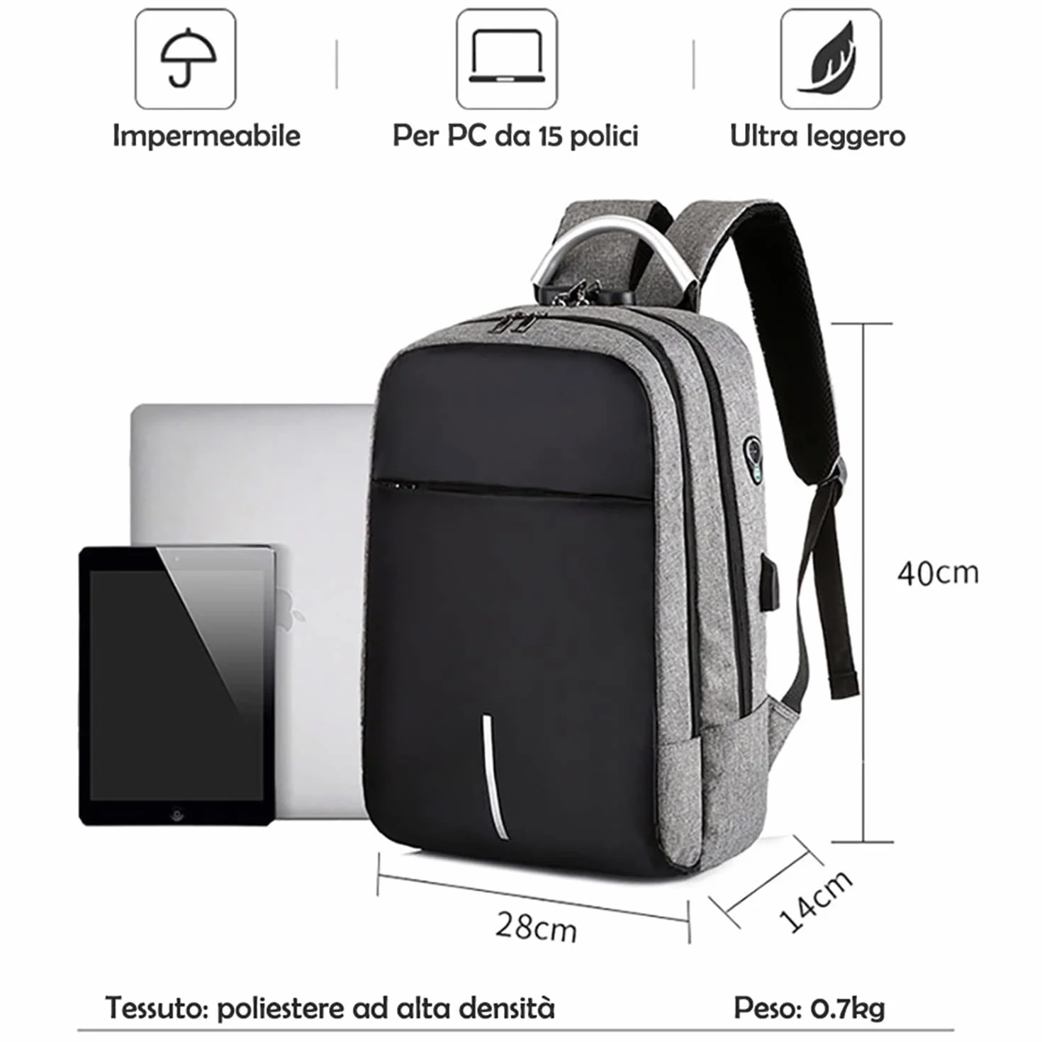 Mixroom Zaino Porta PC Antifurto per Computer Portatile Laptop Lavoro Borsa Notebook Fino 15" con Attacco USB e Foro Auricolare Z4