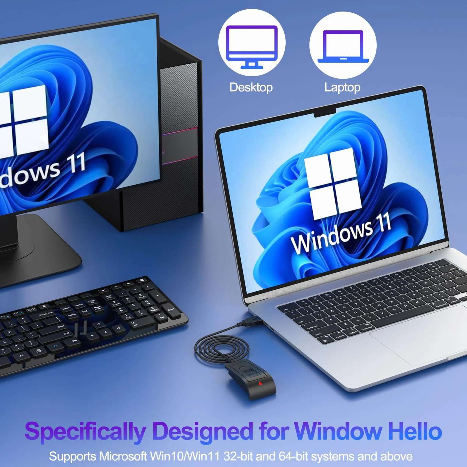 Rocketek Lettore Impronte Digitali USB-A per Windows 10/11, Sensore di sicurezza con cavo di prolunga (1,5 m),360 Gradi lettore impronte digitali funzionamento senza password,Supporta fino a 10 ID