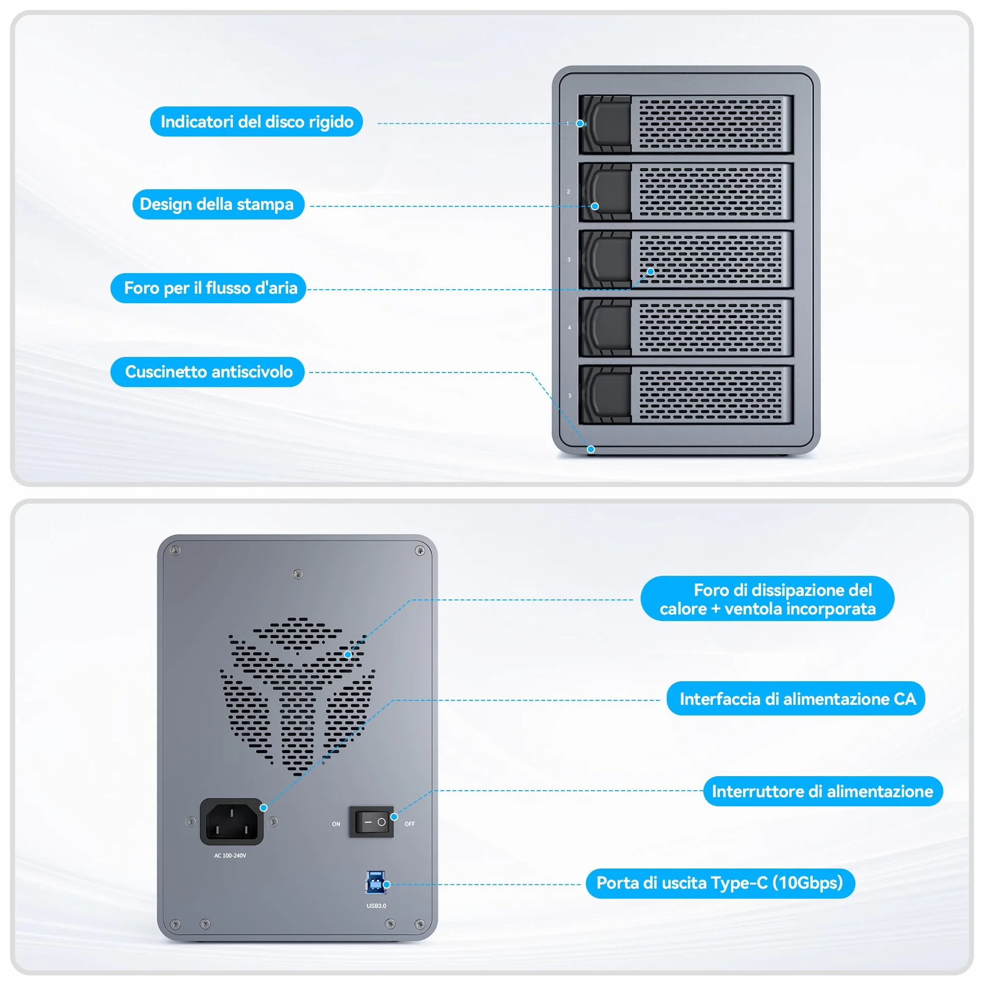 Yottamaster 10Gbps 5 Bay HDD Case Esterno Daisy Chain Type-C per 2.5/3.5 HDD SSD Supporto 24TB