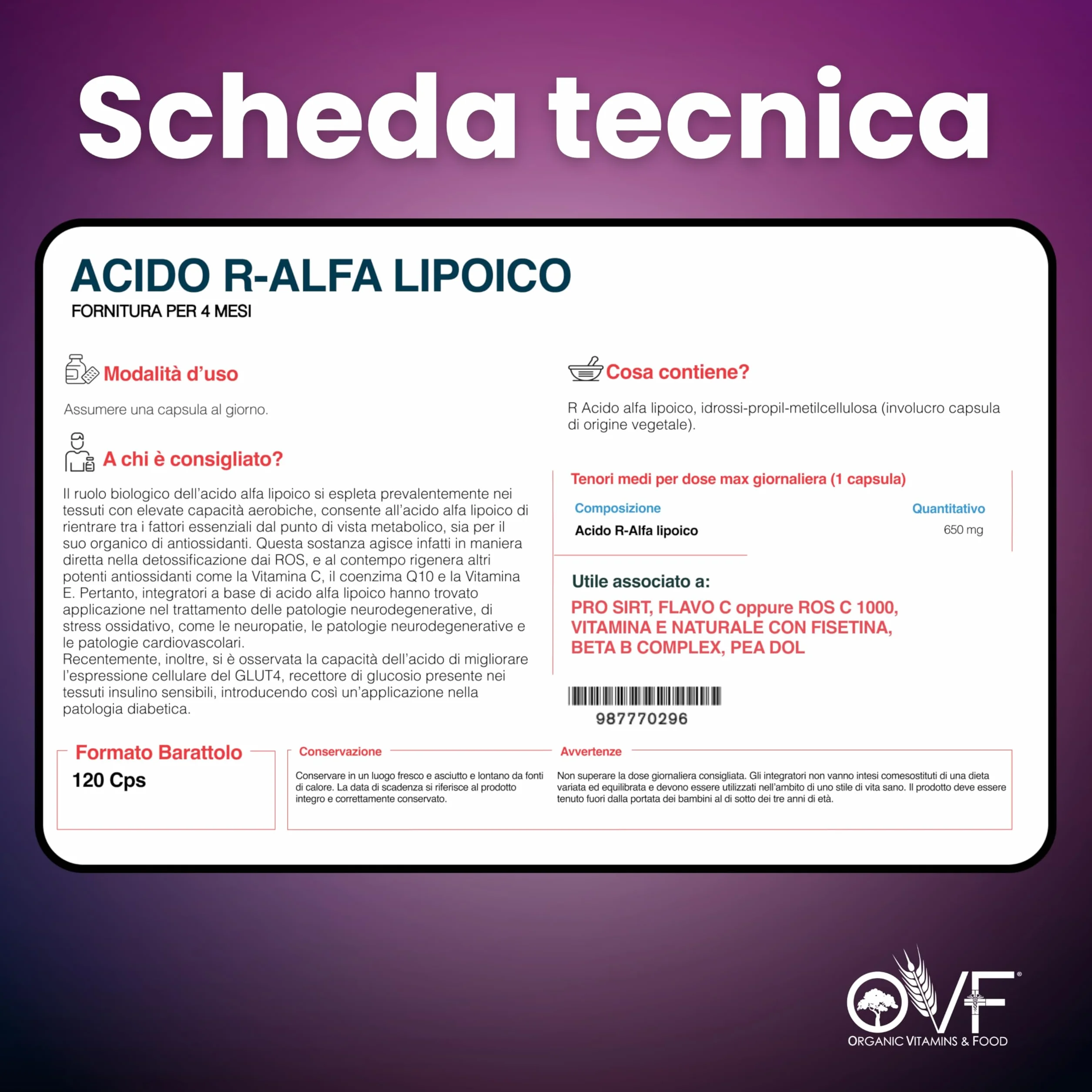 Acido R-Alfa Lipoico 650 mg 120 Capsule Antiossidante Antinfiammatorio Naturale Vegano Made in Italy