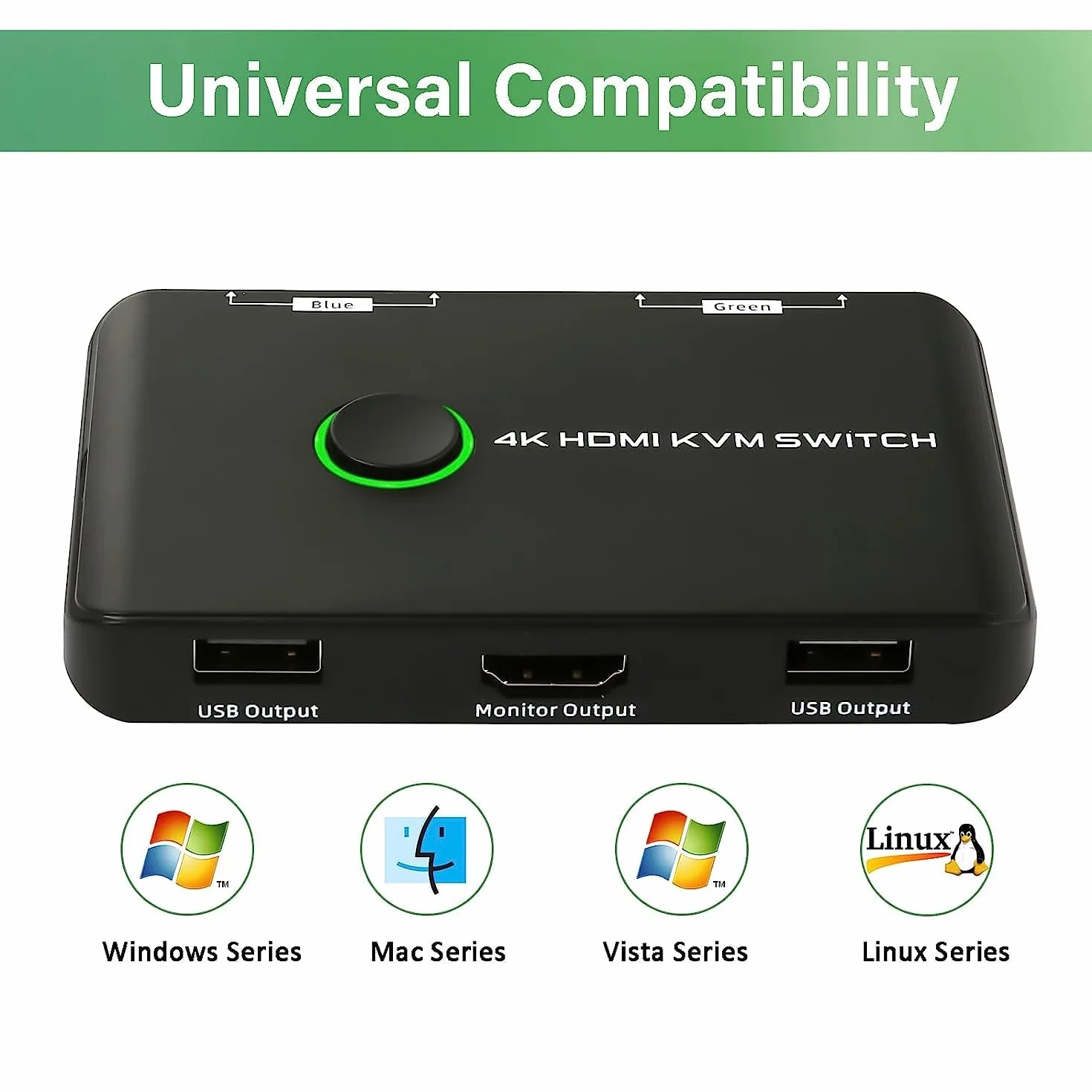 KVM Switch 4K@60Hz 2 porte, Commutatore HDMI USB per 1 monitor 2 PCs, condivisione di mouse, tastiera, Ultra HD, inclusi 2 cavi HDMI e 2 cavi USB