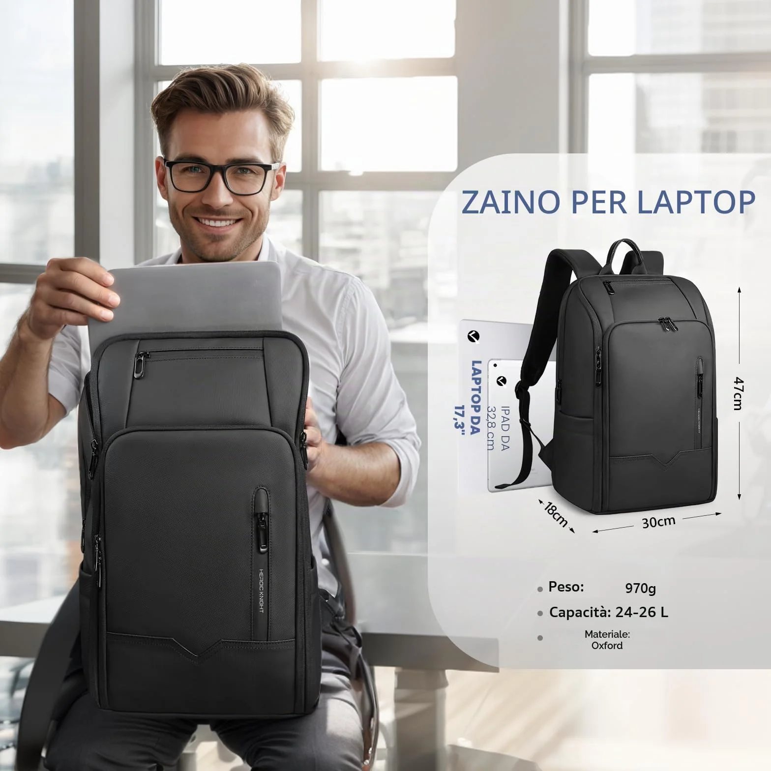 Zaino Uomo Elegante per Laptop da 16 pollici con Porta USB Bagaglio a Mano Zaino Porta pc Impermeabile Grande Capacità Antifurto per Business Lavoro Viaggi Università-Nero