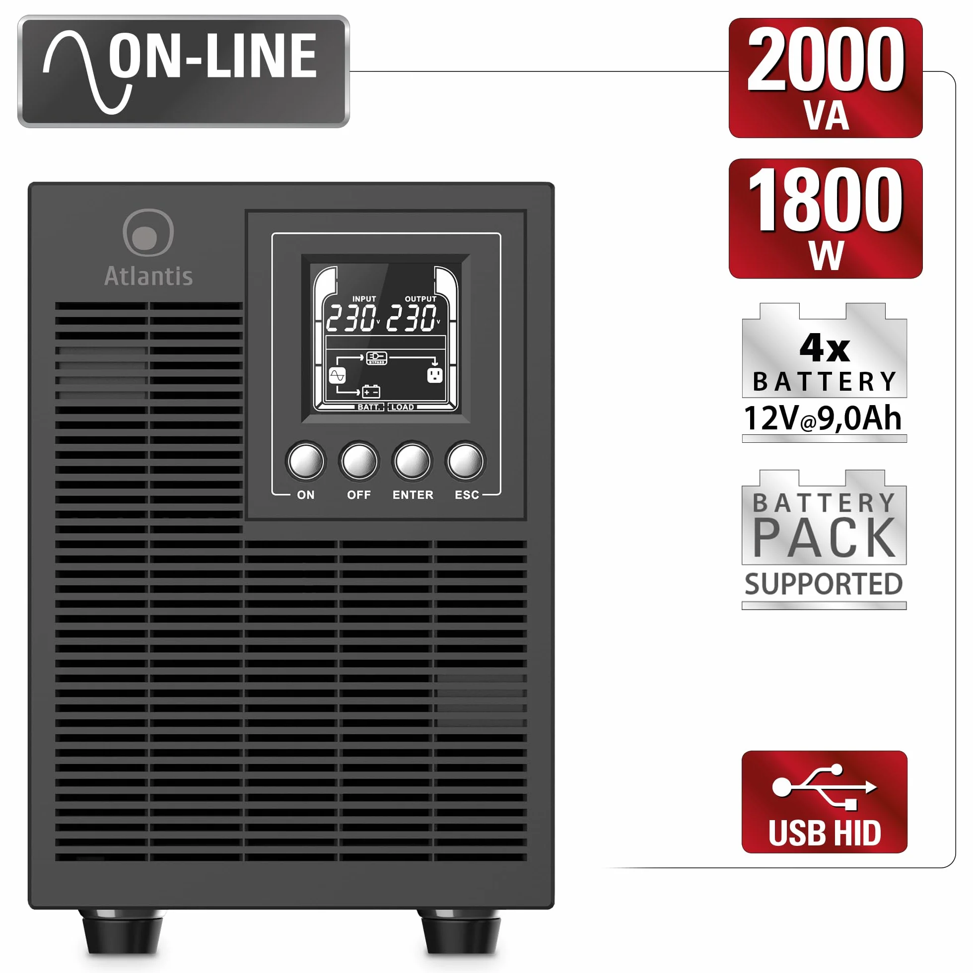 Atlantis A03-OP2002P PRO UPS OnLine Gruppo di Continuità Server Doppia conversione Onda Sinusoidale Pura 2000VA 1800W, Tower, display LCD, USB, seriale RS-232, 4 uscite IEC, slot SNMP, 4x12V-9Ah