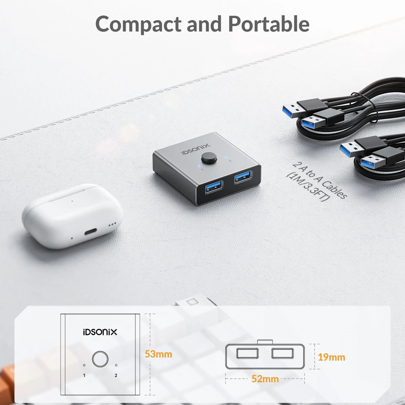 iDsonix - Interruttore USB 3.0 in alluminio, bidirezionale USB Switch 2 ingressi 1 uscita, 2 computer condividono 1 dispositivo per stampante, mouse, tastiera, supporto CarPlay e Android Auto
