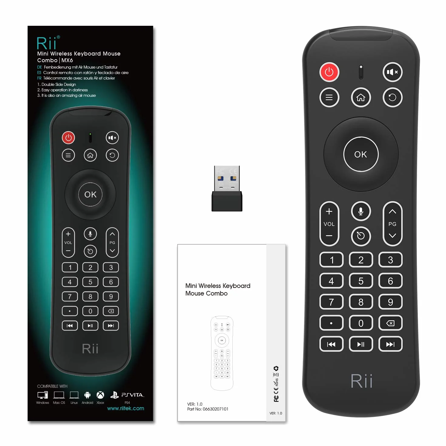 Rii Mini MX6+ (Wireless + IR) - Telecomando con Mouse giroscopico, Tastiera retroilluminata e Microfono integrati per Smart TV Android, TV Box, PC Windows e Mac
