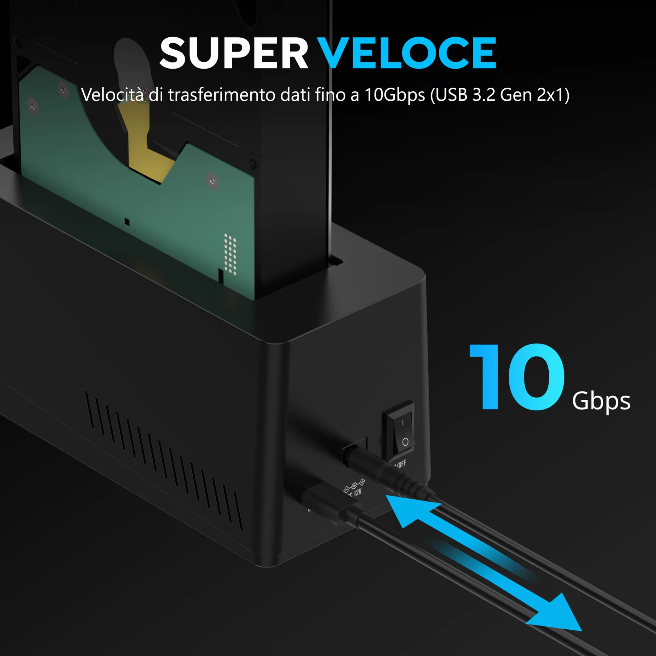 SABRENT Docking station USB-C 10 Gbps per SSD HDD SATA 2.5/3.5 pollici hot swap 20 TB DS-UC1B
