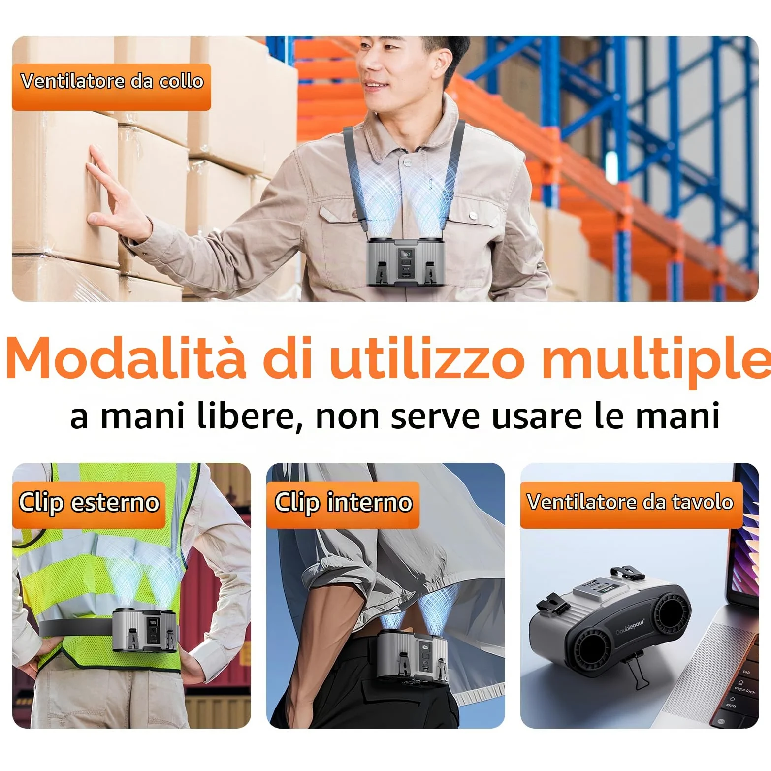 Ventilatore da cintura portatile da 24000 mAh, con clip, ricaricabile, doppio motore con doppio canale d'aria, 10 velocità, 45 ore di autonomia, per cantiere, lavoro all'aperto, viaggi, interruzione