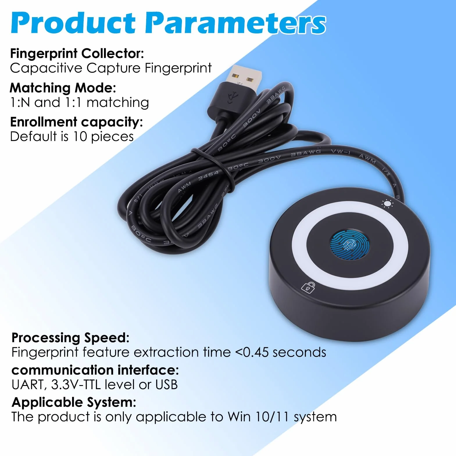 Logger per impronte digitali USB, con luci che cambiano colore, blocco software di rilevamento delle impronte digitali capacitivo con luci che cambiano colore all'accensione, compatibile con Windows