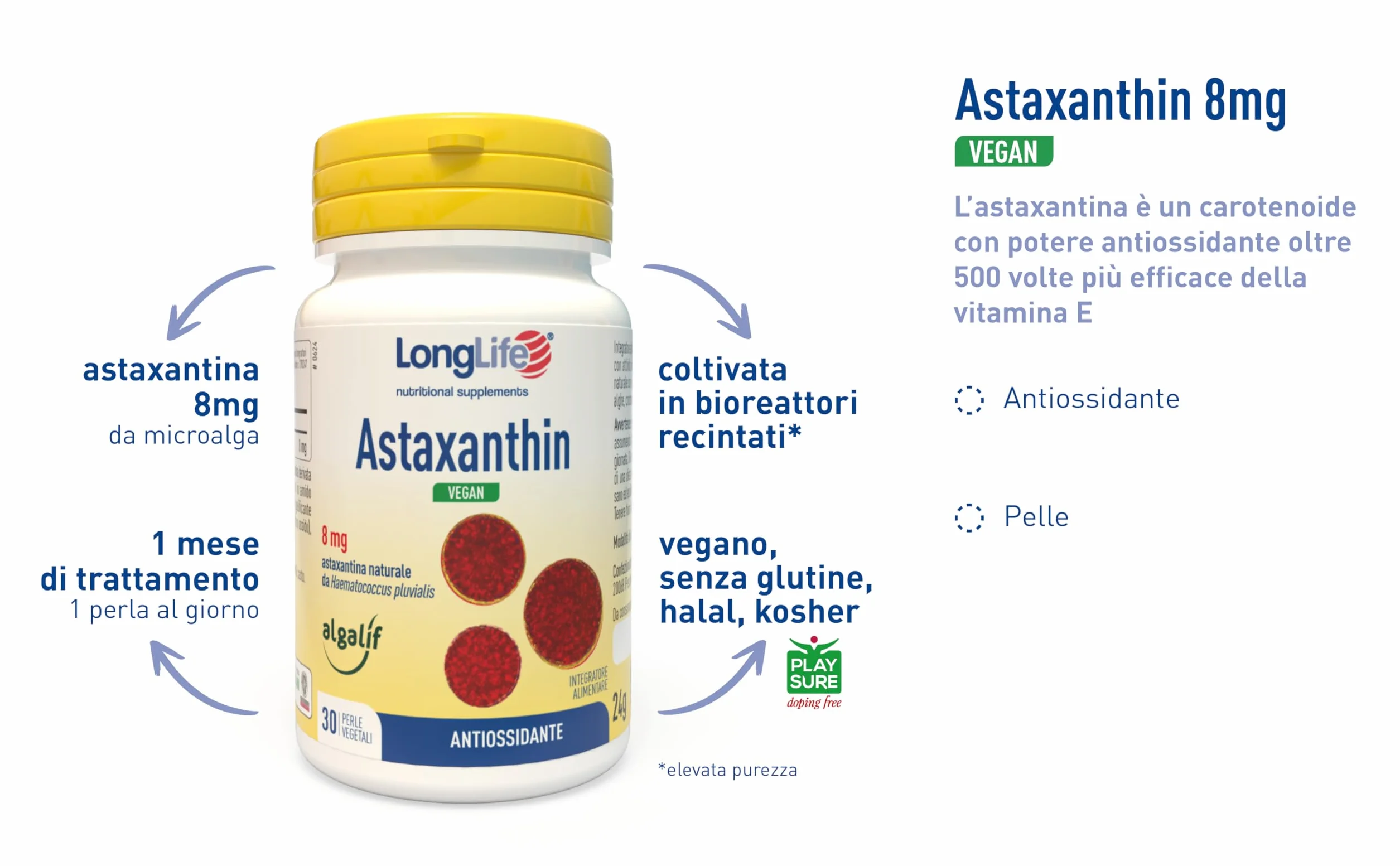 LongLife Astaxanthin Vegan 8 mg Astaxantina Naturale da Microalga Antiossidante Pelle Vegano Senza Glutine