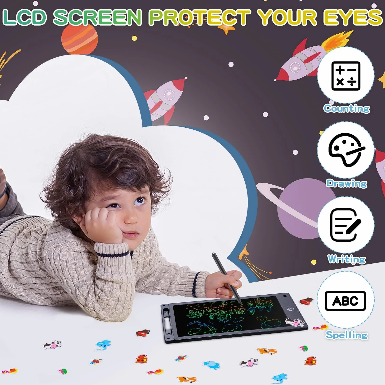 Coolzon Tavoletta Grafica LCD 10 Pollici con Lavagnetta Cancellabile per Bambini, Nero