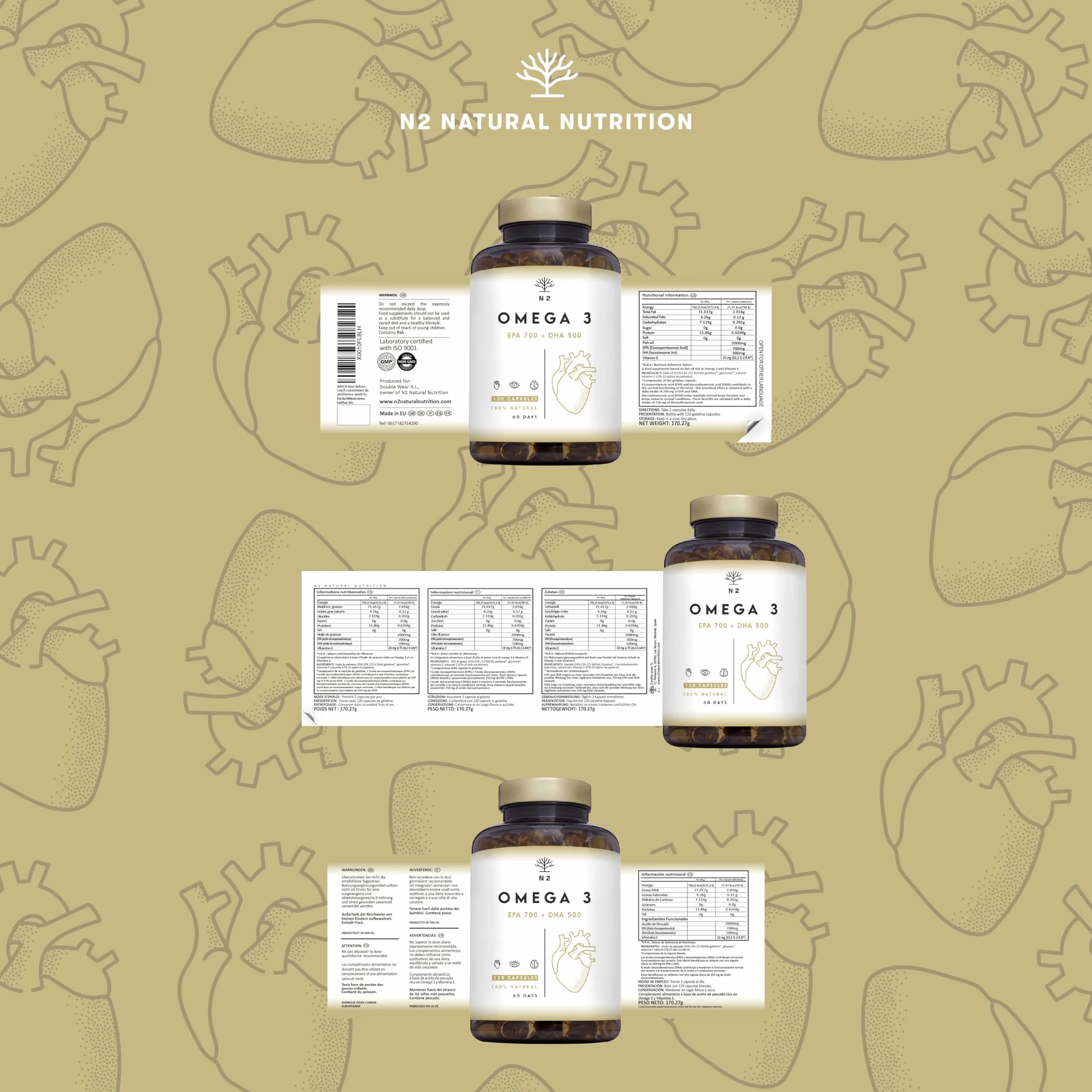 Omega 3 Olio di Pesce 2000 mg EPA 700 mg DHA 500 mg Integratore con Vitamina E 120 Softgel N2 Natural Nutrition