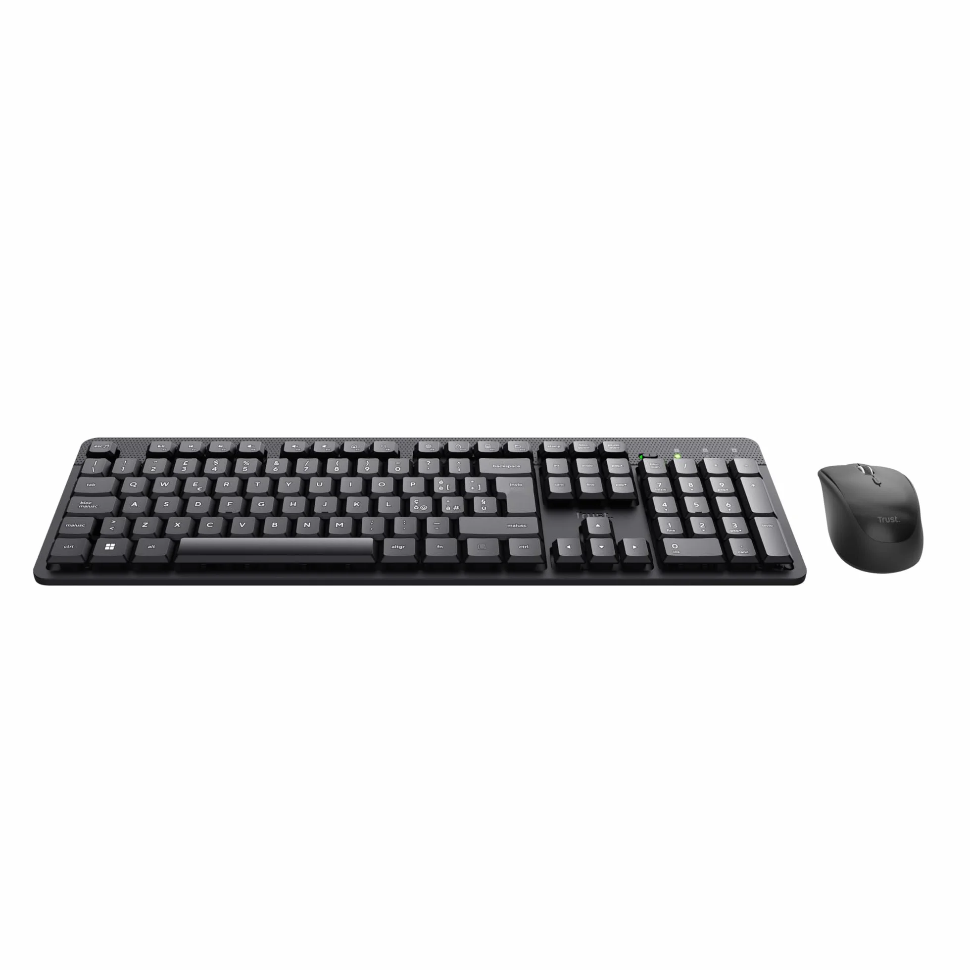 Trust Ymo II Set Tastiera e Mouse Wireless Silenziosi Italiano QWERTY, Tasti a Profilo Ribassato, Resistente agli Sversamenti, Unico Ricevitore USB, Nero
