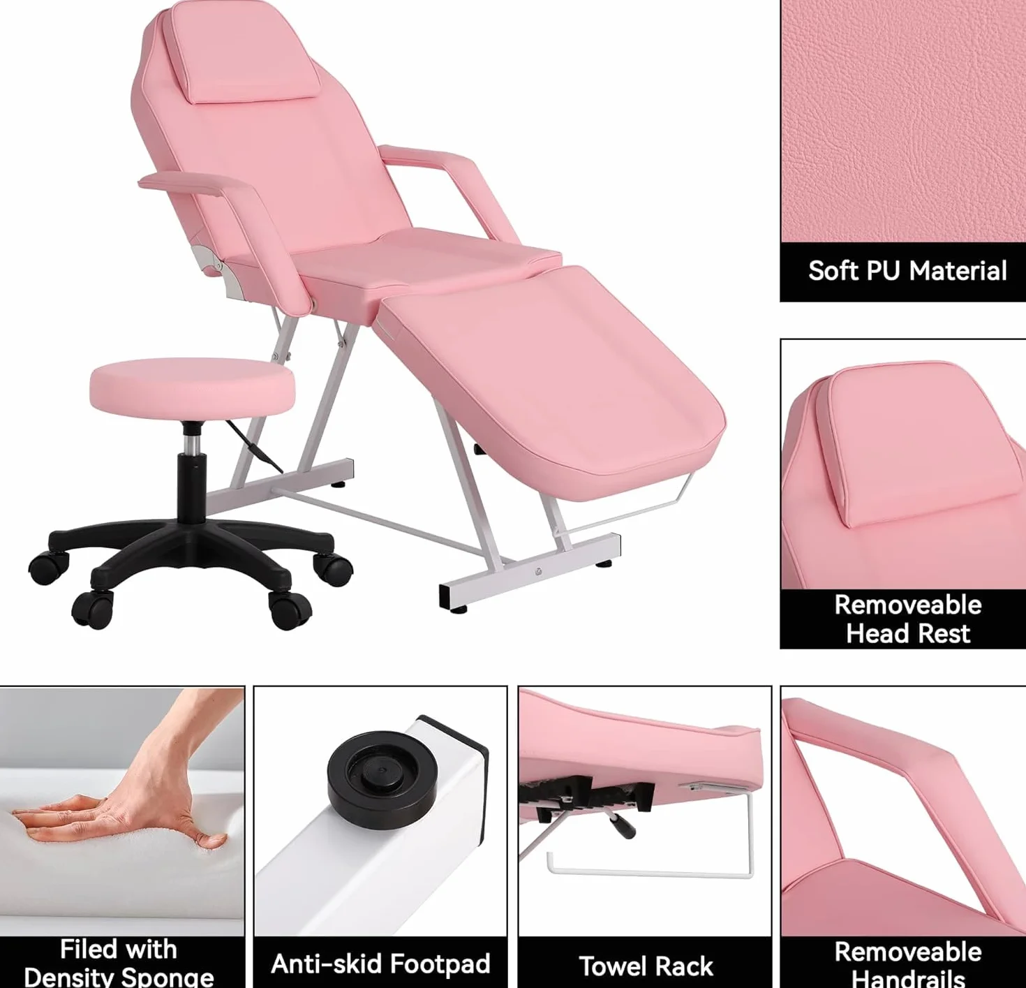 Lettino da Massaggio Pieghevole 3 Zone con Sgabello Portatile in Pelle PU Rosa per Fisioterapia Estetista Tattoo