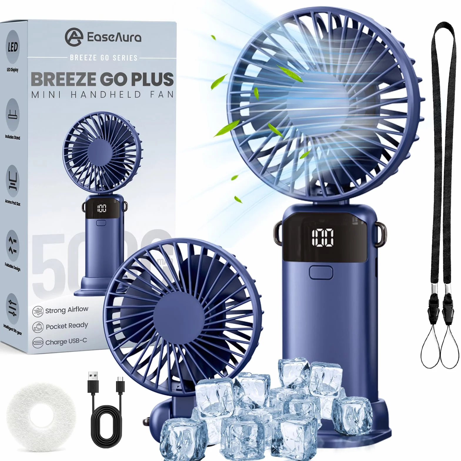 Ventilatore Portatile USB Ricaricabile 5000mAh, Mini Ventilatore Portatile con 5 Velocità, Display LED, Ventilatore da Tavolo Pieghevole con Supporto, Spegnimento Automatico, da Viaggio