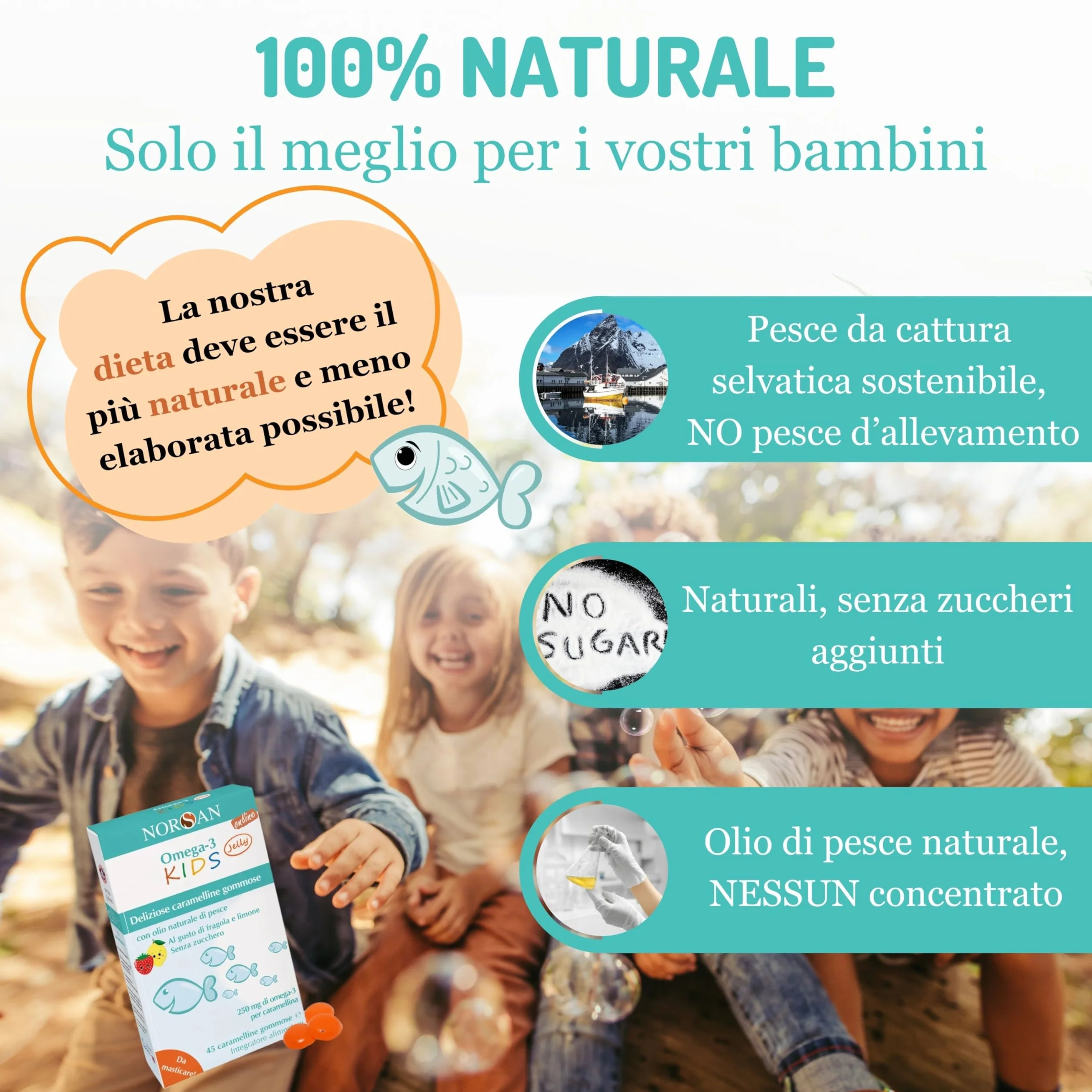 NORSAN Omega 3 bambini FISK Jelly 45 caramelline masticabili alla frutta con olio di pesce EPA DHA Vitamina D