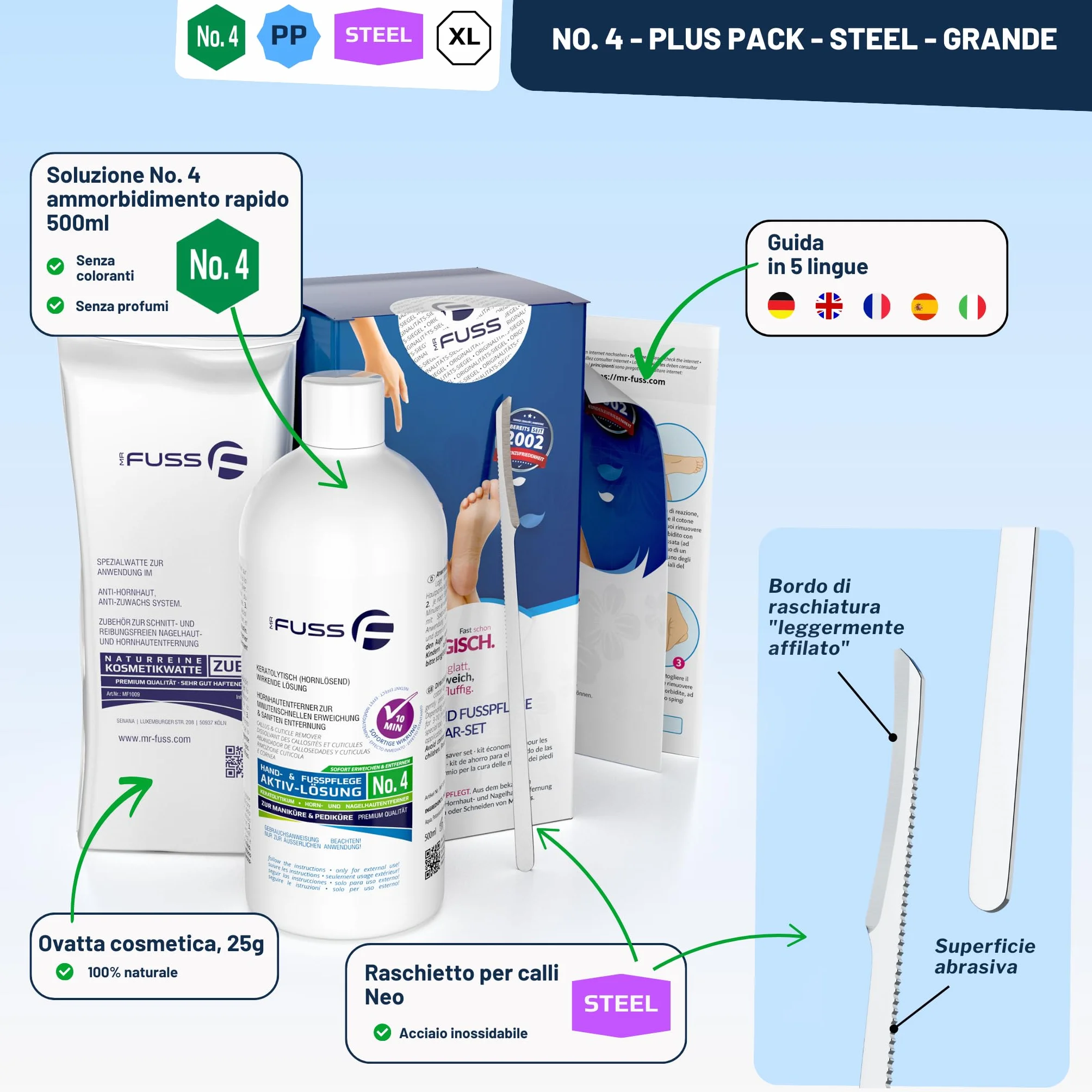Mr. Fuss N. 4 Plus Pack Steel - Confezione da 3 pezzi 500 ml, per cuticole e calli, raschietto in acciaio inox
