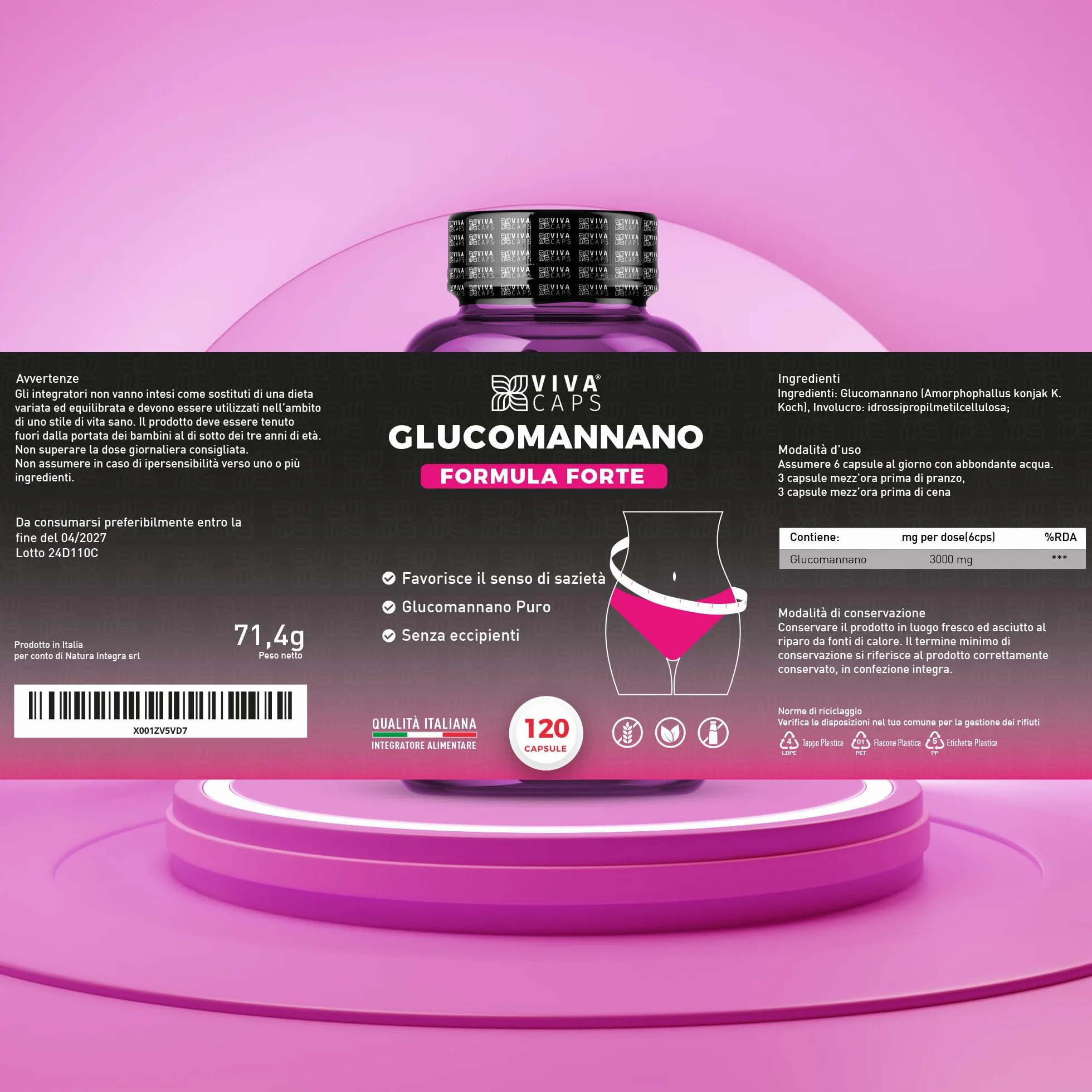 Glucomannano Forte Purificato 3000mg 120 Cps, Supporto Digestione Naturale, Made in Italy