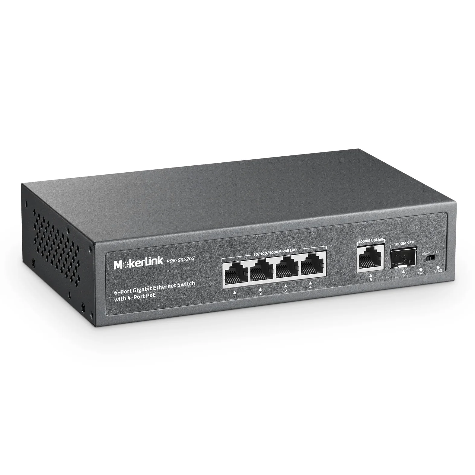 MokerLink Switch PoE a 4 Porte, 1 Gigabit Uplink, 1 SFP, IEEE802.3af/at 75W, PoE Watchdog AI Rilevazione, QoS, Ethernet Plug in Metallo Senza Ventole