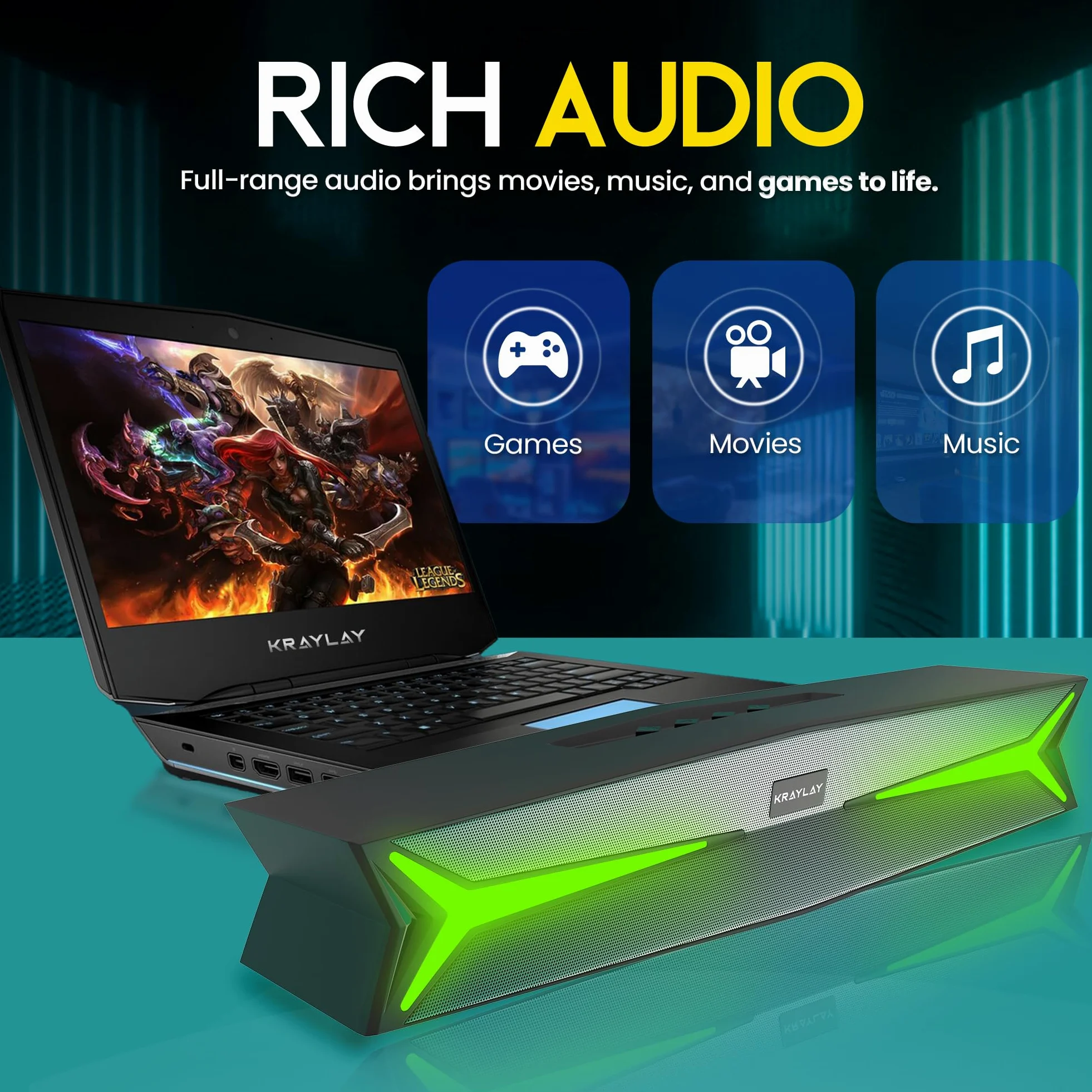 Soundbar desktop per computer da 15,5 pollici, soundbar Bluetooth con luci LED RGB, bassi trasparenti, AUX, USB, USB-C, soundbar per proiettori, TV, smartphone, console di gioco e laptop