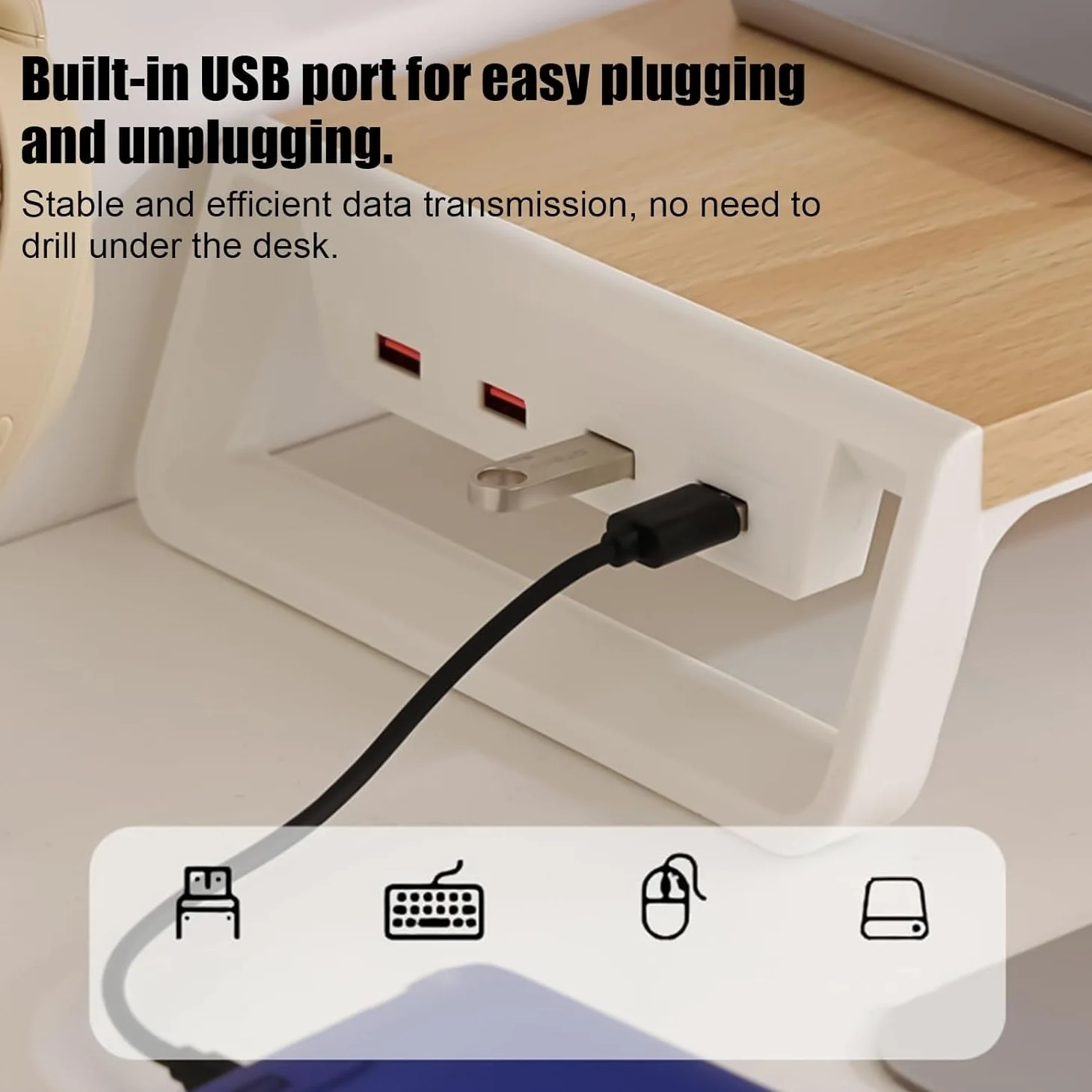 Supporto for monitor, con 4 porte USB, accessori da scrivania, ripiano in legno, per, scuola, appartamento, dormitorio, Internet café(Natural wood)