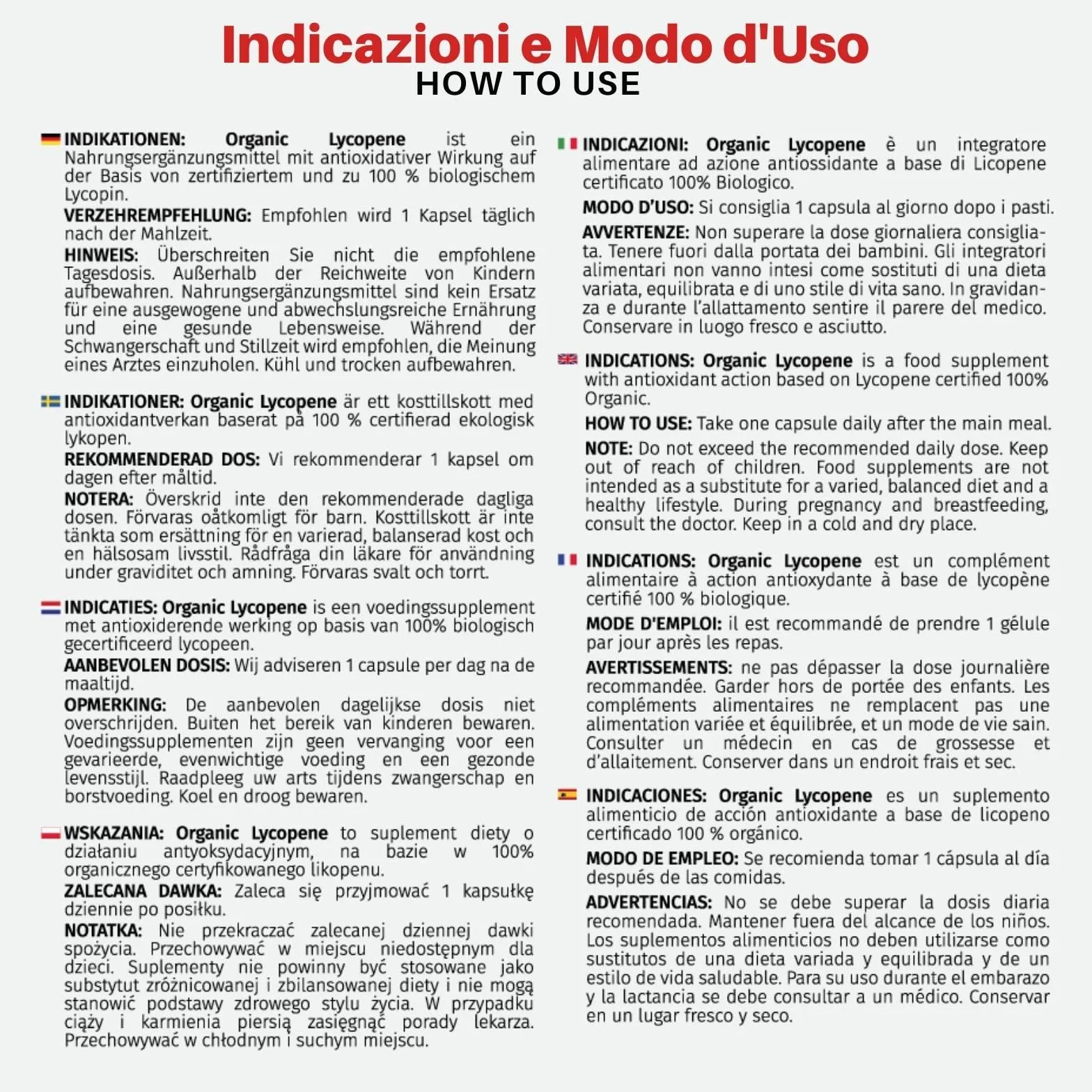 Organic Lycopene Integratore Antiossidante Licopene Biologico 30 Capsule