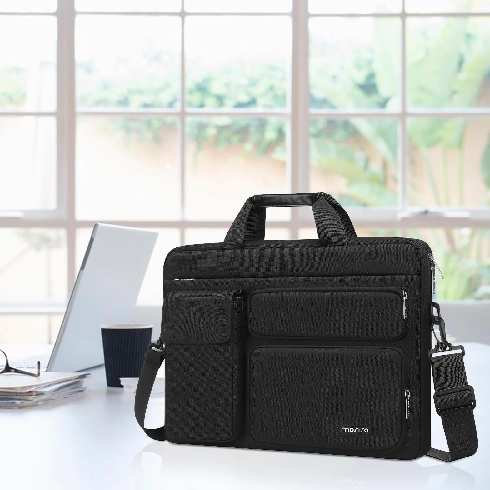 MOSISO 16 pollici Borsa Tracolla Laptop,15-15,6 pollici Custodia PC Compatibile con MacBook Air 15/Pro 16/Pro 15,Dell XPS Plus, Borsa Tracolla con Apertura Laterale&4 Tasche Cerniera, Nero