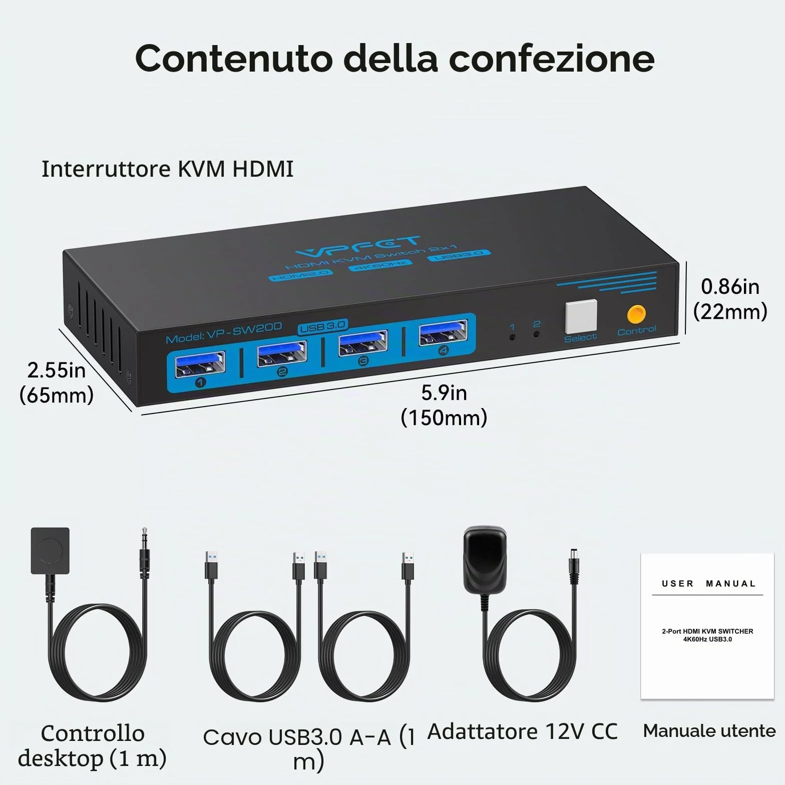KVM Switch HDMI 2 PC 1 Monitor 4K@60Hz, USB 3.0 Commutatore KVM, Doppio PC Condividi 1 Schermi e 4 USB Tastiera, Mouse, Stampante, Chiavetta USB, Inclusi Alimentatore e Controller Desktop