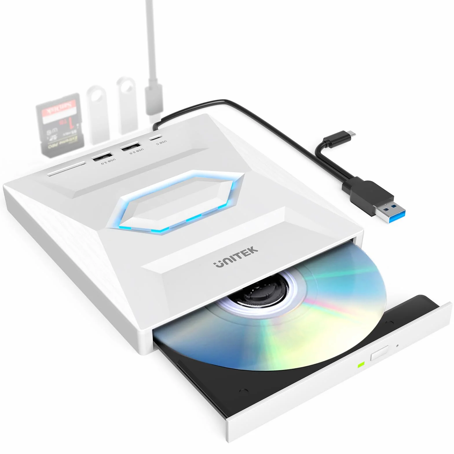 UNITEK Unità CD DVD esterna USB C portatile: lettore CD/DVD +/-RW, hub USB 3.0/2.0/C, slot schede SD, compatibile con Windows, Linux, MacOS, per laptop e desktop