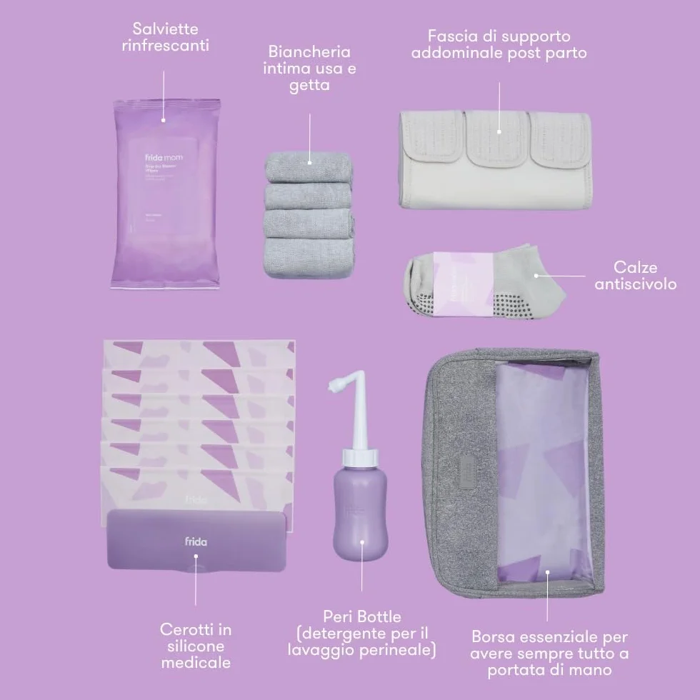 Frida Mom Kit Recupero Post-Parto Cesareo - Include Fascia, Biancheria Intima, Cerotti, Calzini, Peri Bottle, Salviette, Borsa