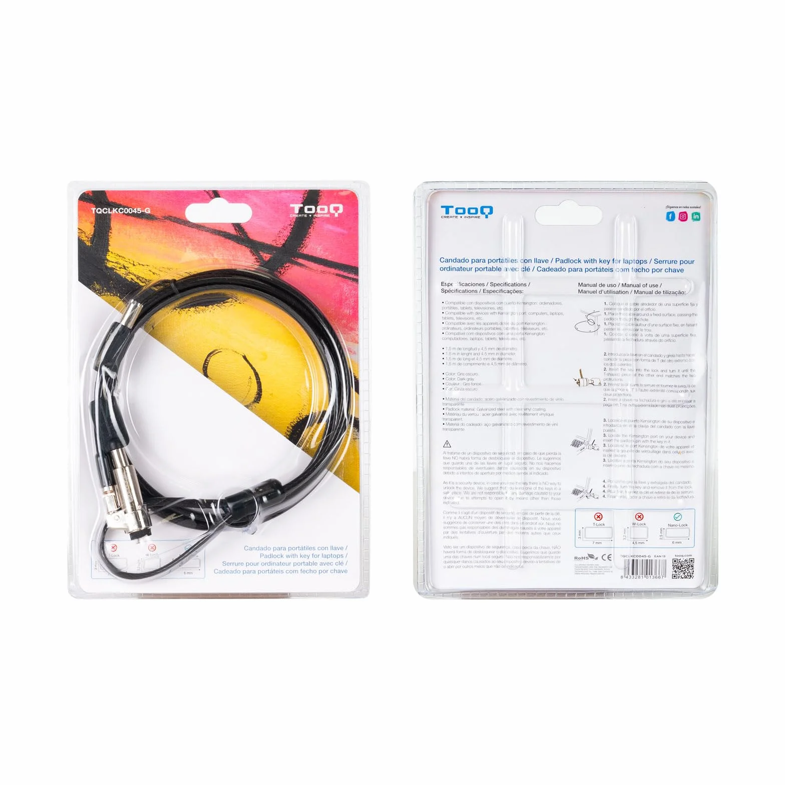 TOOQ TQCLKC0045-G - Cavo di sicurezza con slot tipo Nano con chiave per laptop 1,5 metri, Grigio scuro