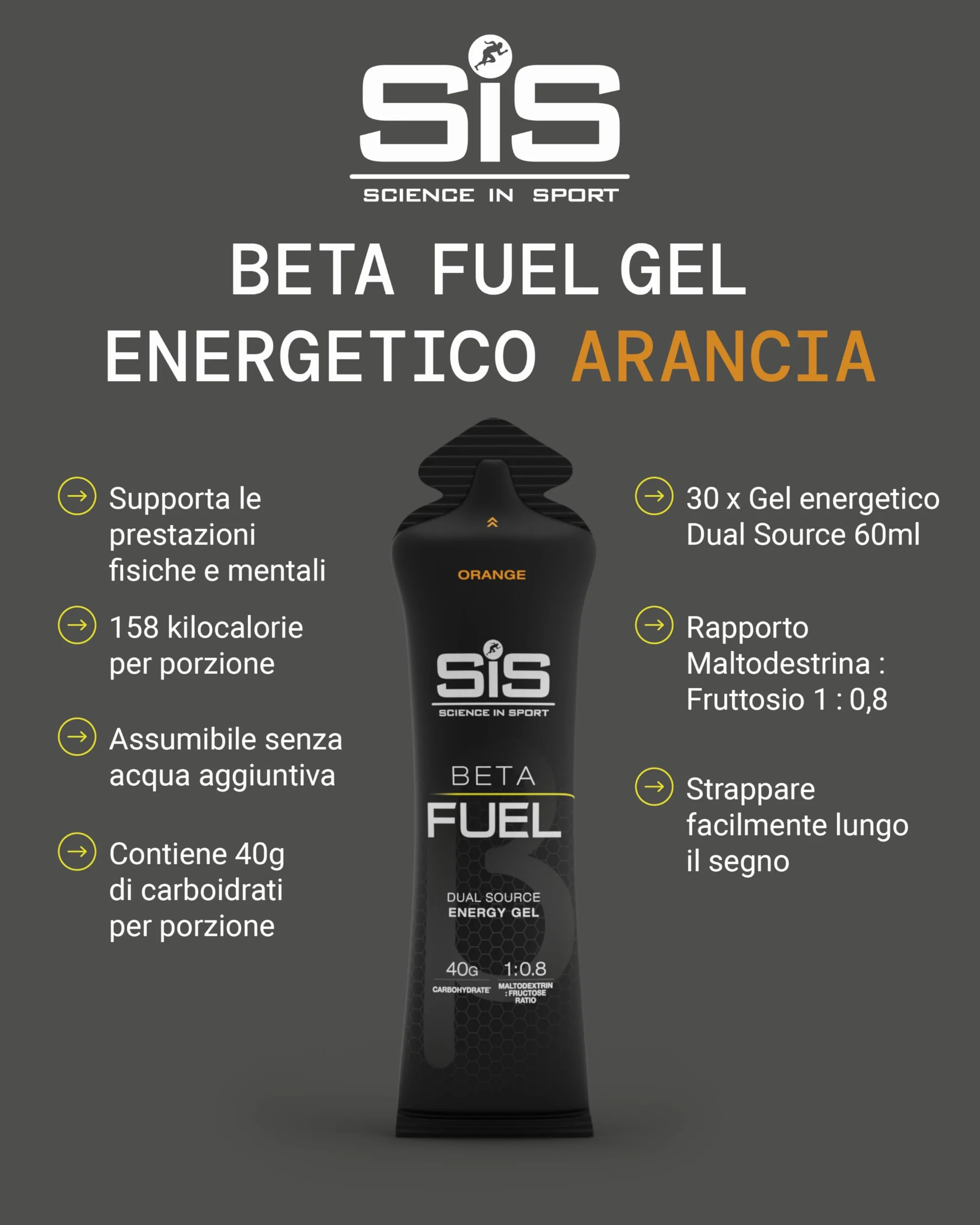 Science in Sport Beta Fuel Gel Dual Source Gel energetico Bevanda Sportiva Arancia 30 x 60ml 40g carboidrati rapporto 1:0,8