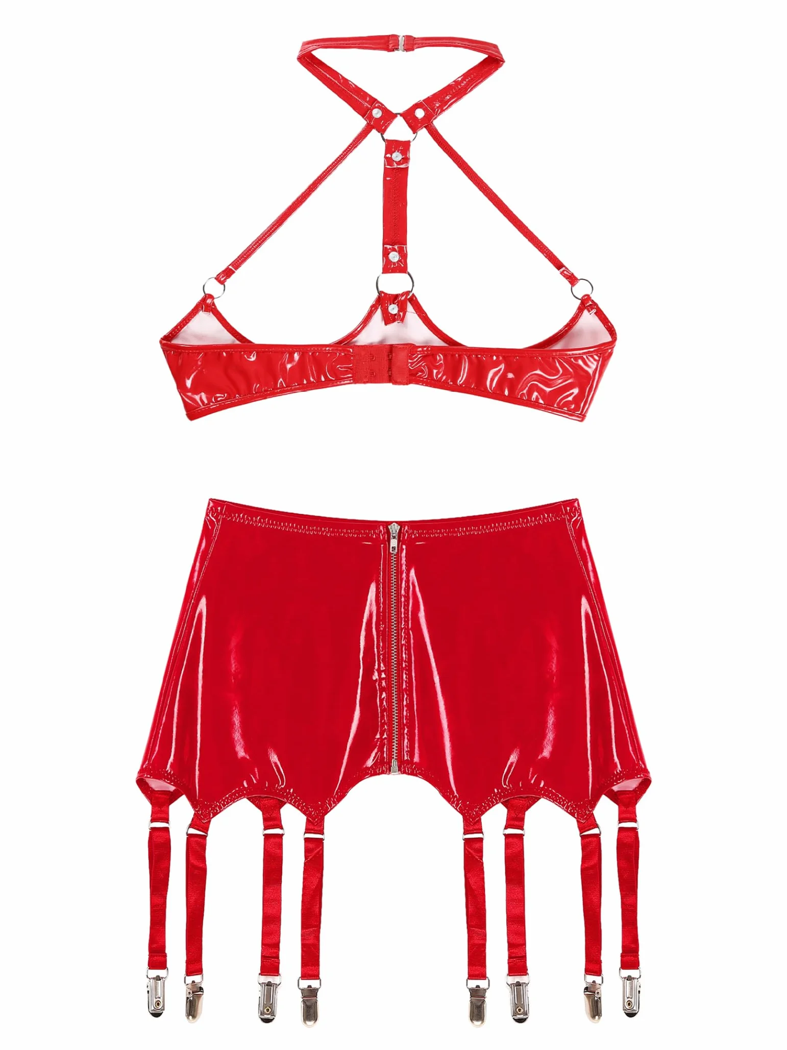 Donna Wetlook Reggicalze Set Lingerie Pelle Aperto Reggiseno Push Up Gonna Lacca Intimo PVC