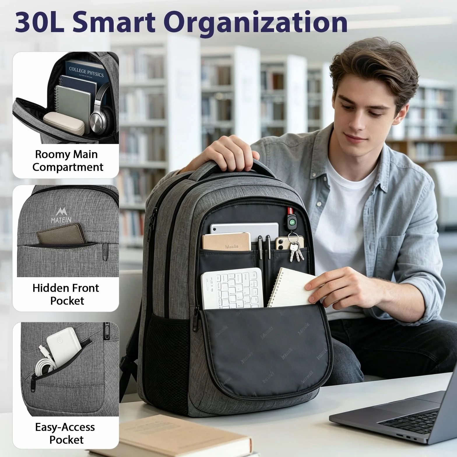 MATEIN Zaino Porta PC 17 Pollici Antifurto, Zaino Lavoro Università Uomo Donna Alta Capacità con Scomparti Multipli, Compatibile TSA per Ufficio, Scuola e Viaggi, Grigio