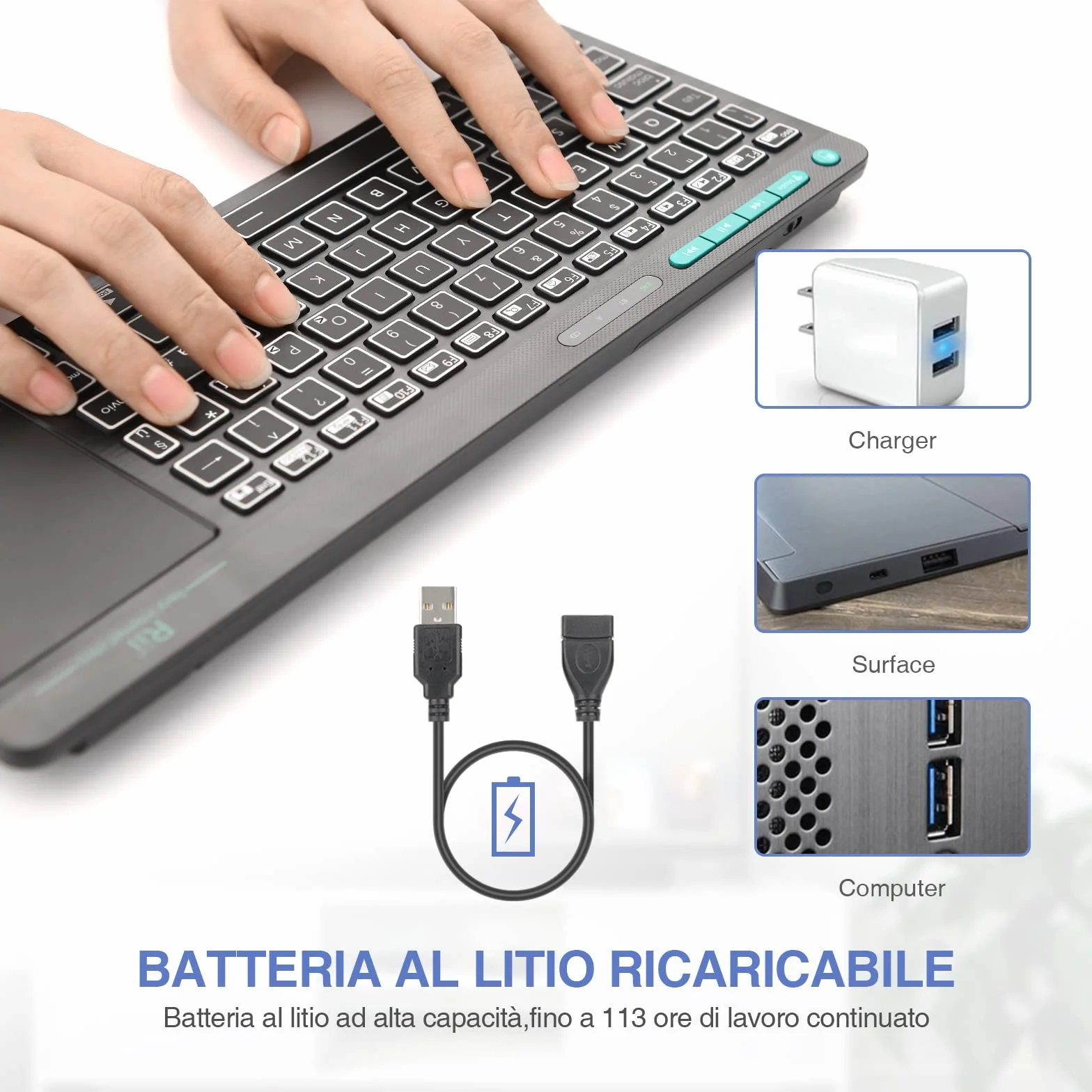 Rii Mini i18S Wireless + Bluetooth - Tastiera compatta con ampio mouse touchpad e retroilluminazione LED, compatibile con Smart TV, TV Box, Tablet, Smartphone, Console, PC, Fire TV, Raspberry