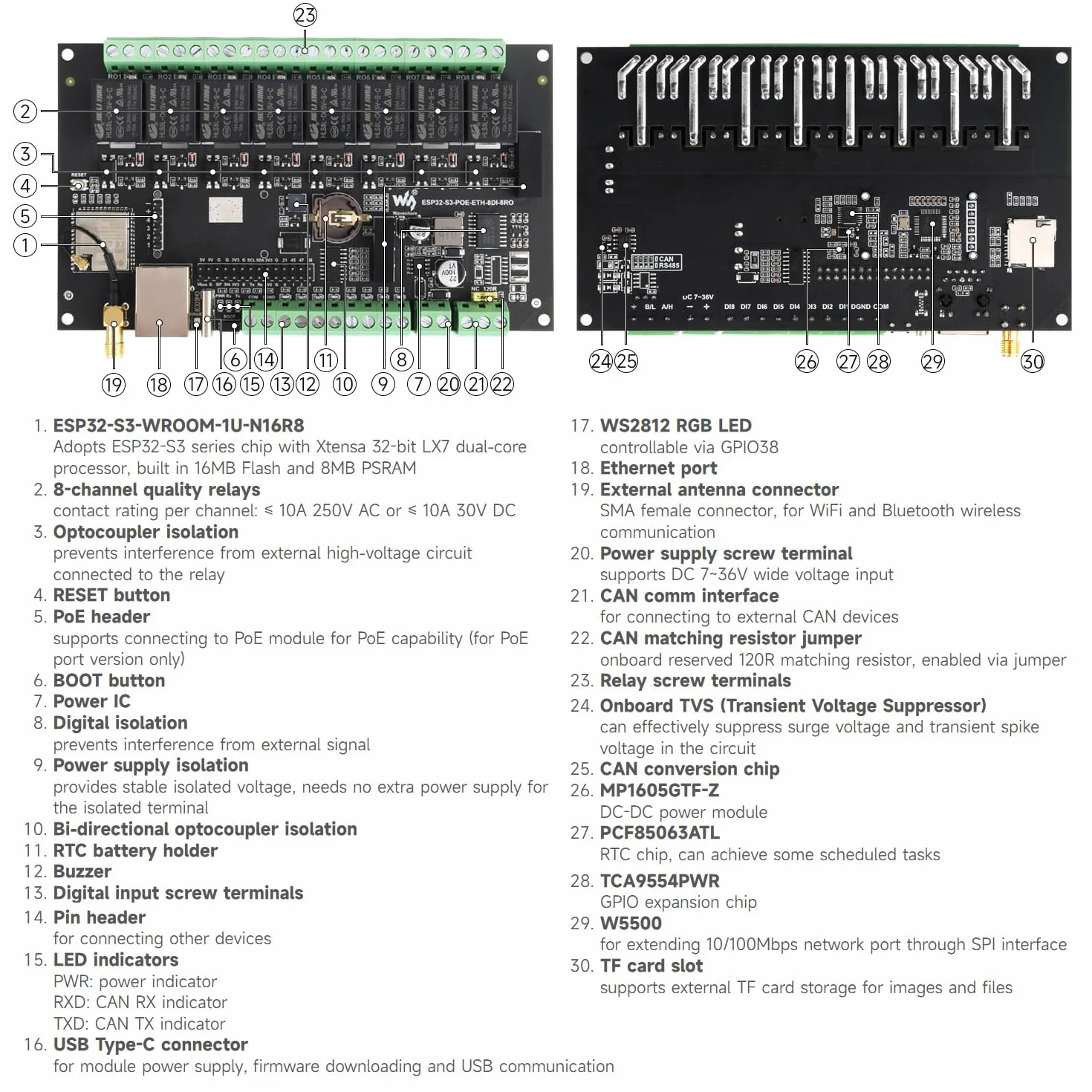 Waveshare ESP32-S3-ETH-8DI-8RO-C(Common Network Port), Industrial 8-Ch ESP32-S3 WiFi Relay Module, Isolated CAN Interface, Xtensa 32-Bit LX7 2-Core Processor, Up To 240MHz, Multi Isolation Protection