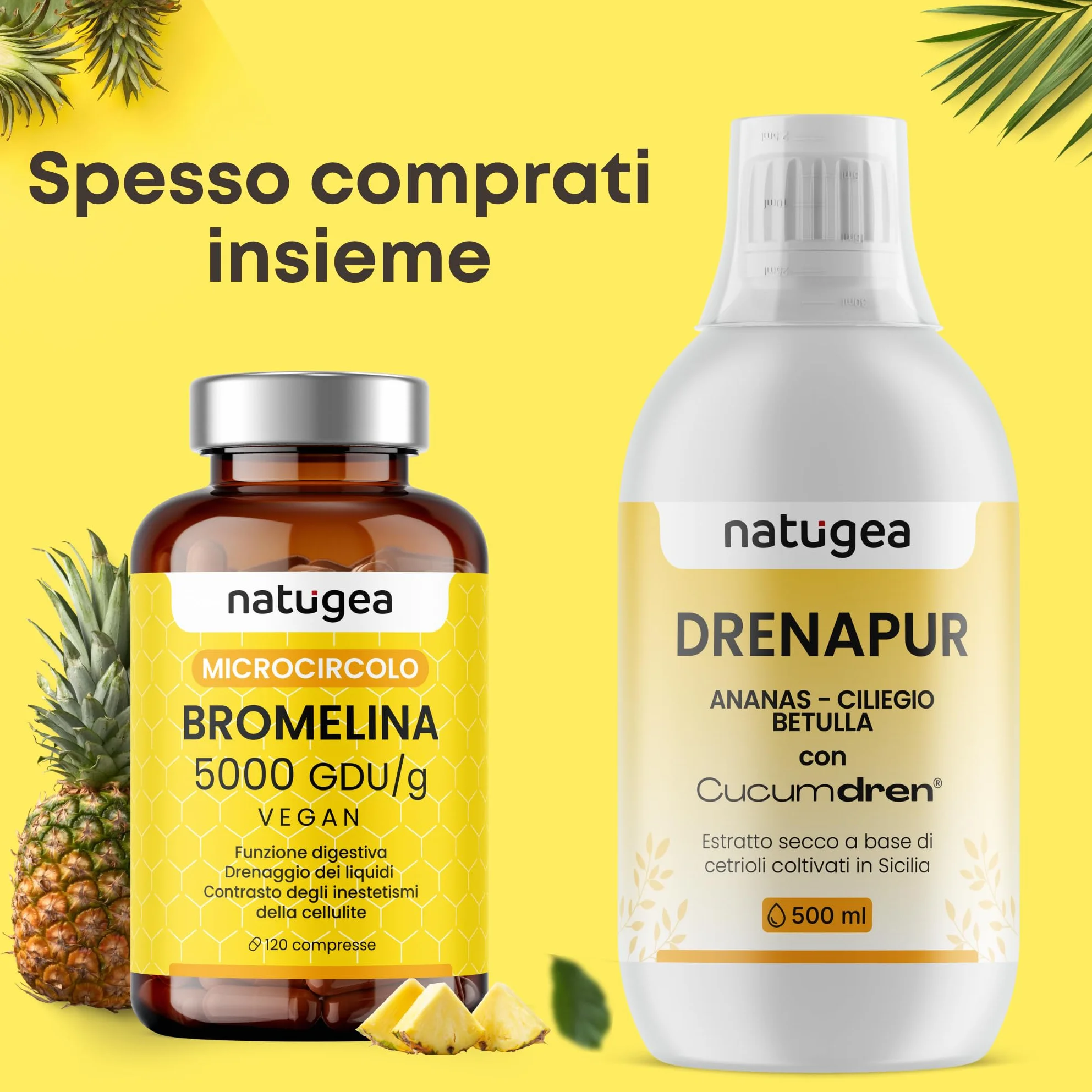 Natugea Bromelina Forte Drenante 5000 GDU/g 10000 FIP 120 Compresse Vegana Detox Anticellulite