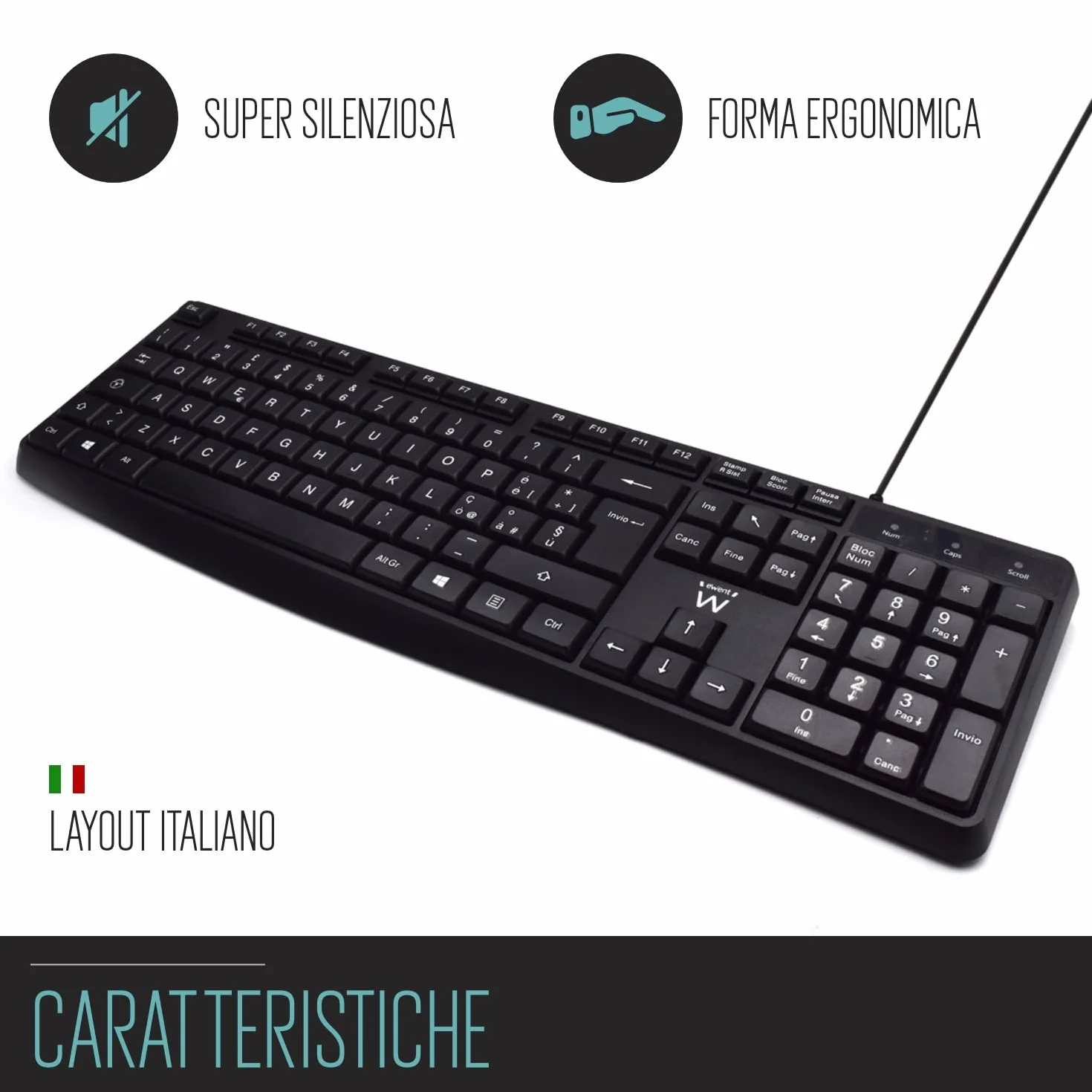Ewent Tastiera Cablata USB Digitazione Silenziosa Layout QWERTY Italiano PC Notebook Cavo 1.5m Nera