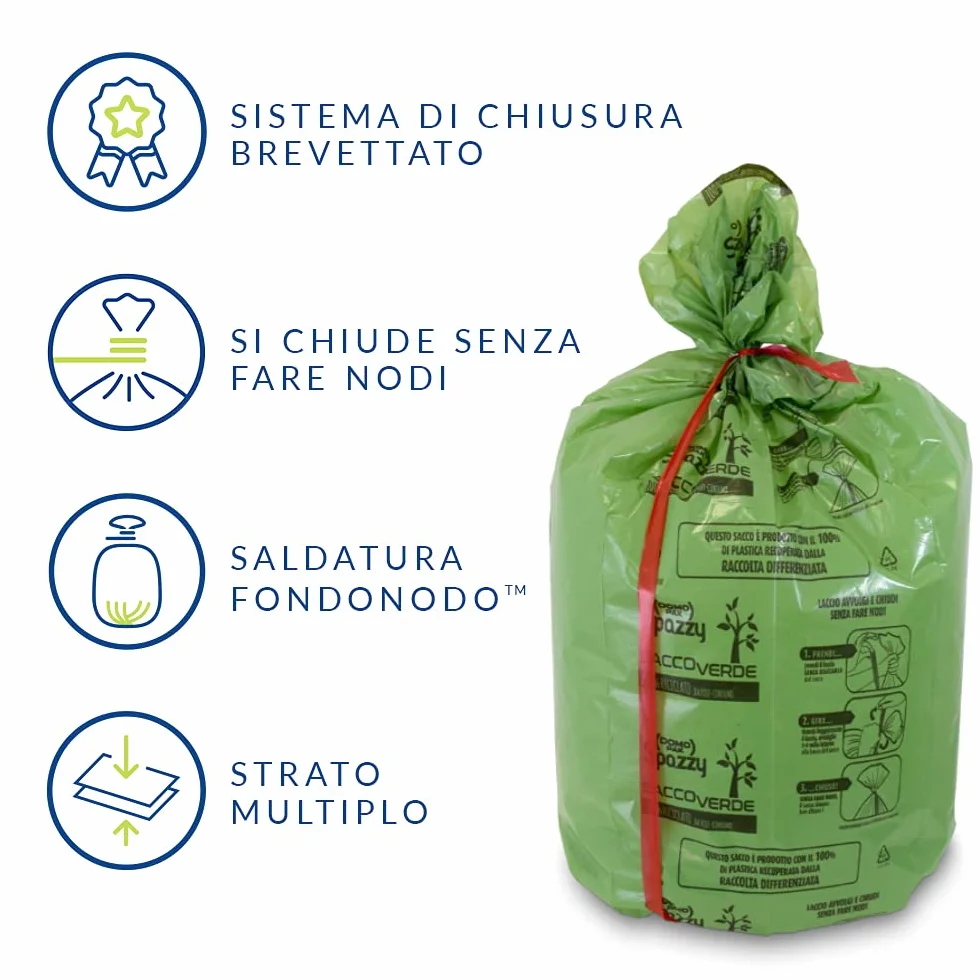 Domopak Spazzy Sacchi Nettezza Saccoverde Avvolgi & Chiudi 40 Lt Verde Riciclato 5 Confezioni 100 Pezzi 1350 g