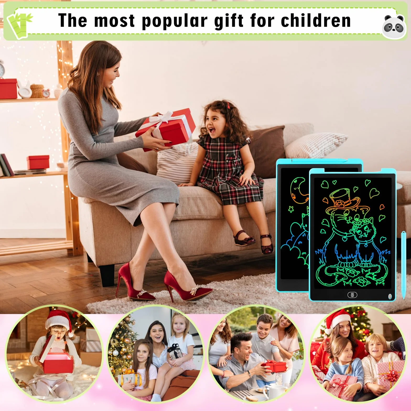 Tavoletta Grafica LCD 12 Pollici 2 Pezzi Schermo Colorato per Bambini Cancellabile Adesivi Animali Blu