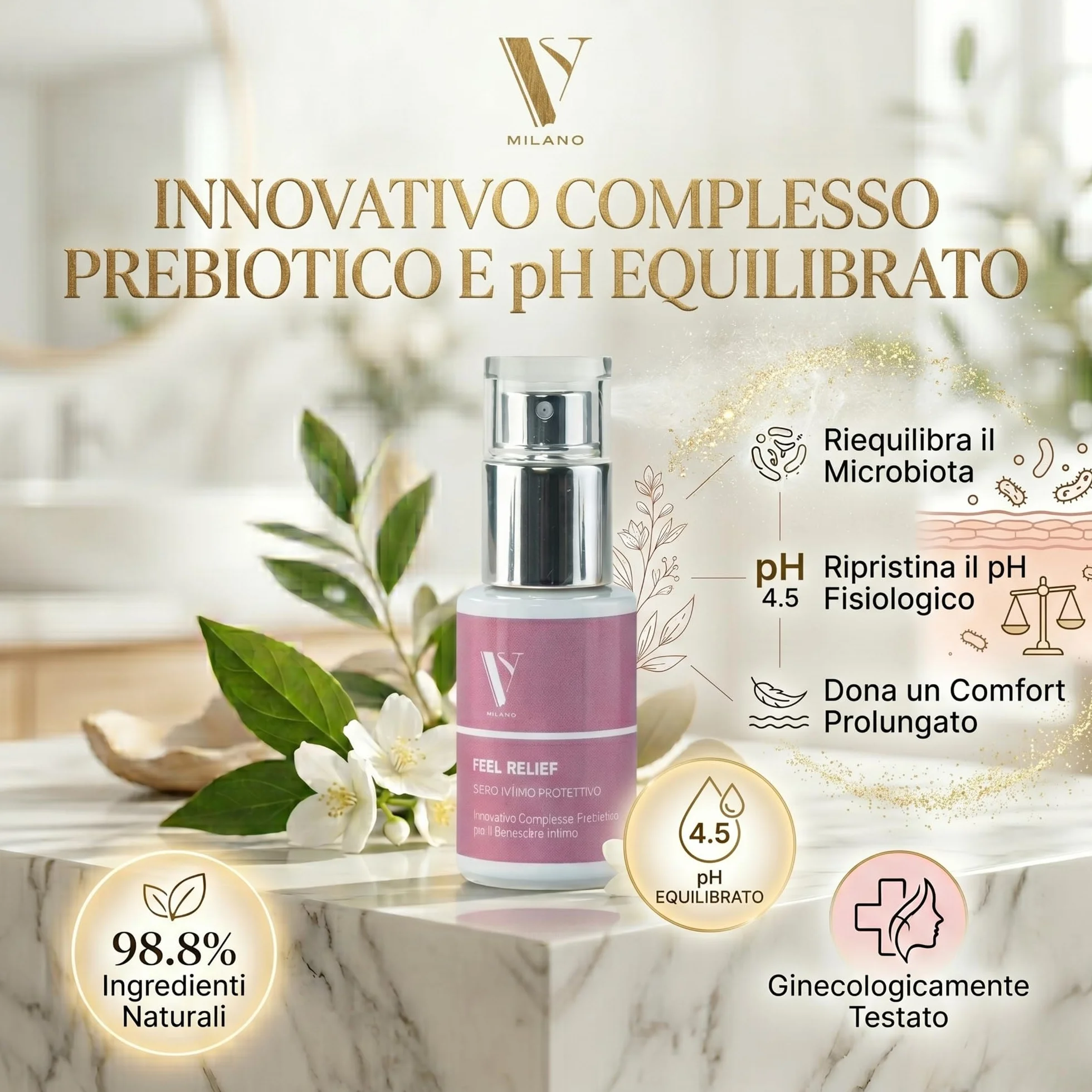 FEEL RELIEF Spray Intimo Prebiotico 15ml - Siero Riequilibrante Microbiota e pH - Antimicrobico Candida Cistite - 98,8% Naturale