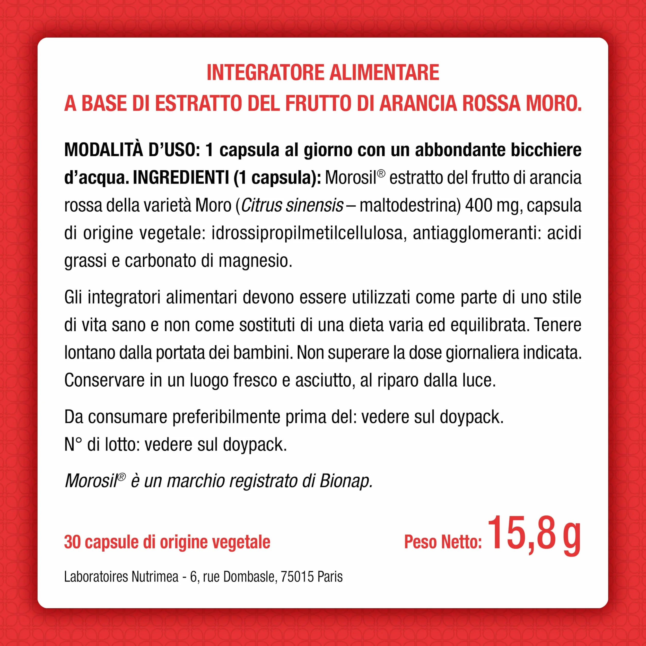 Morosil 400 mg Estratto Brevettato di Arancia Moro 30 Capsule Vegane Nutrimea
