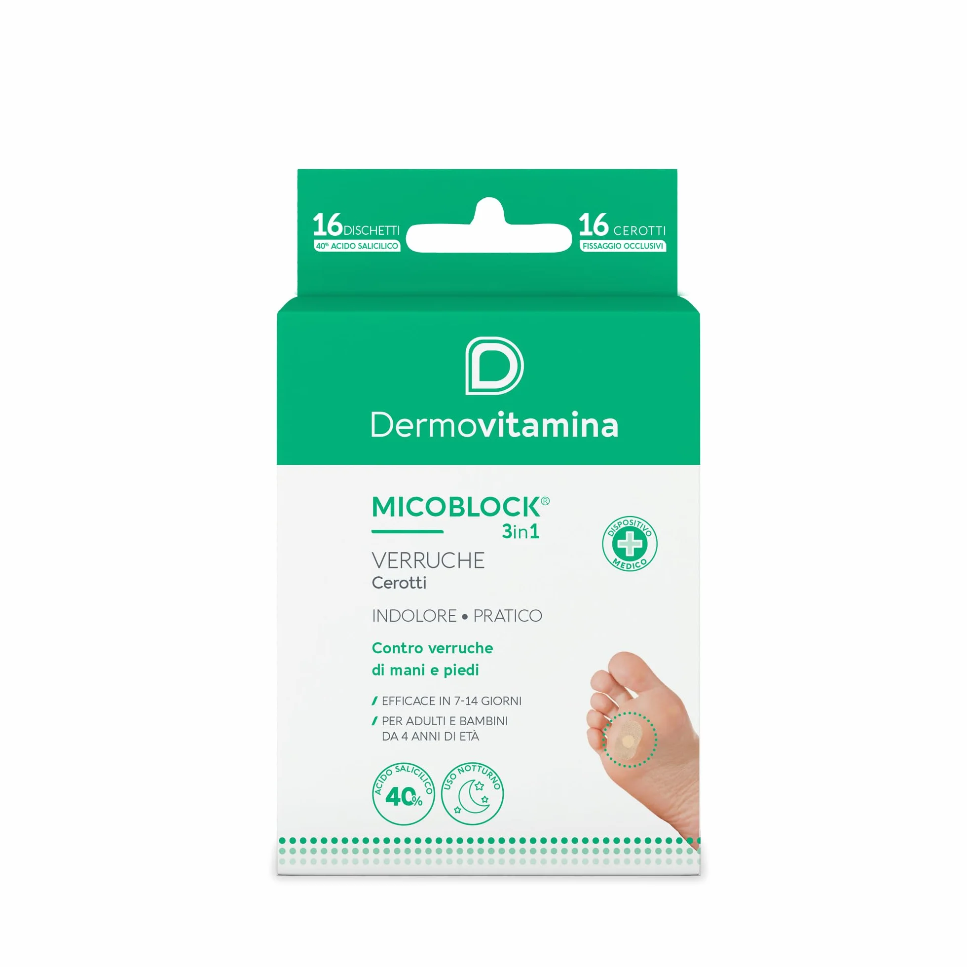Dermovitamina Micoblock 3in1 Cerotti Verruche Acido Salicilico Mani e Piedi Confezione 16+16