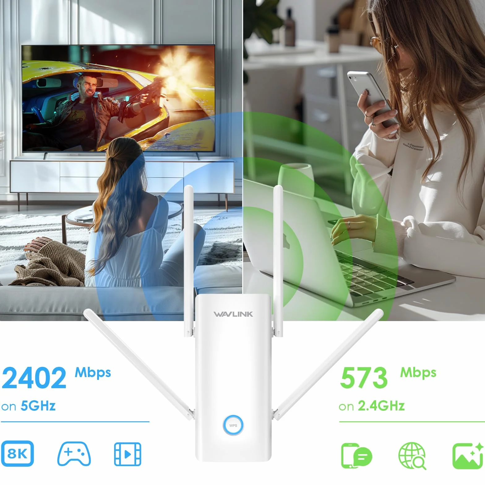 WAVLINK AX3000 Dual Band Wi-Fi 6 Range Extender, WiFi Extender Booster, ripetitore WiFi con porta Gigabit, antenne 4x5dBi, supporto ripetitore/AP/router/modalità mesh, facile installazione, funziona