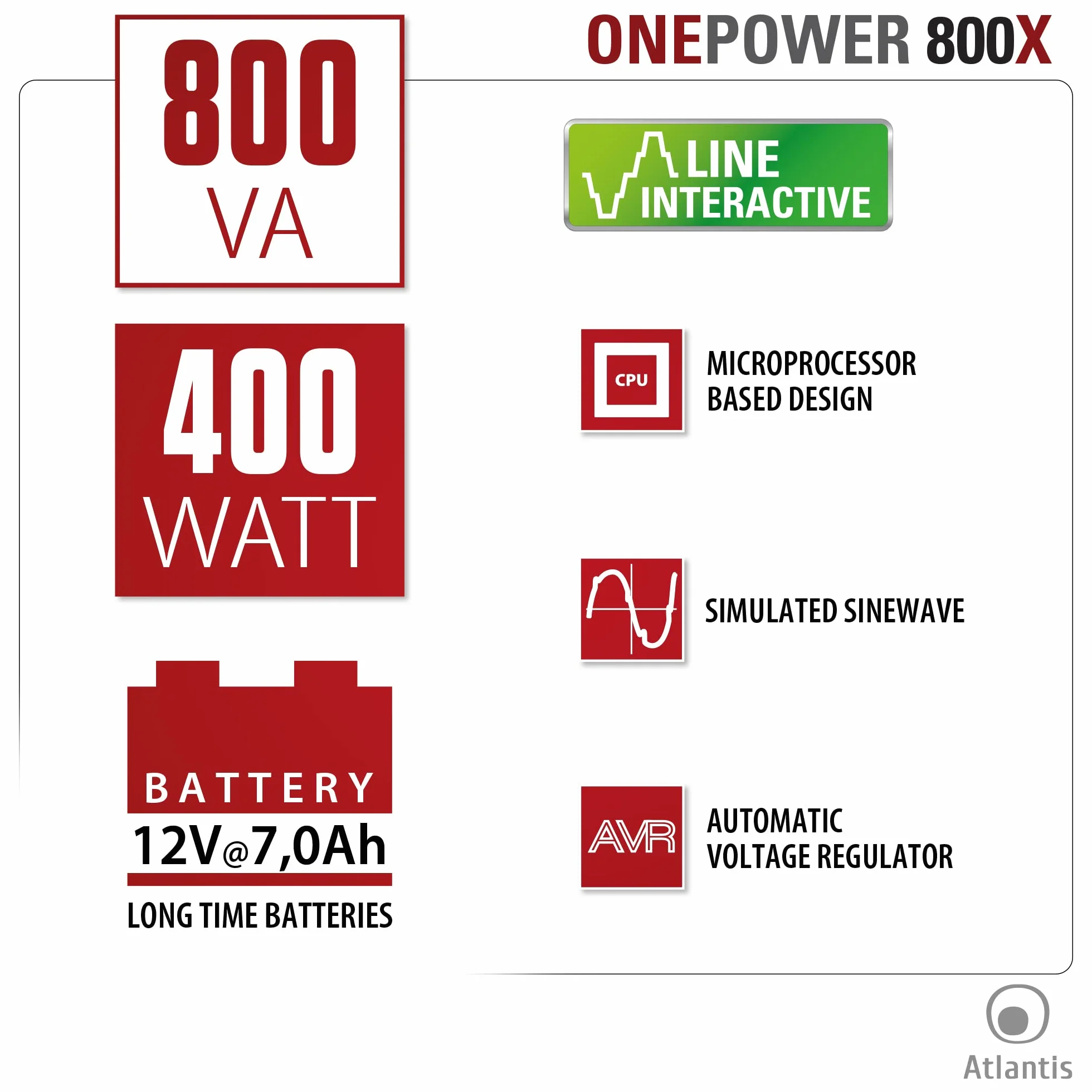 Atlantis OnePower PX800, UPS Line Interactive 800VA/400W, AVR (3 stadi), Onda PseudoSinusoidale, 4 prese IEC, 1 Batteria 12V 7Ah