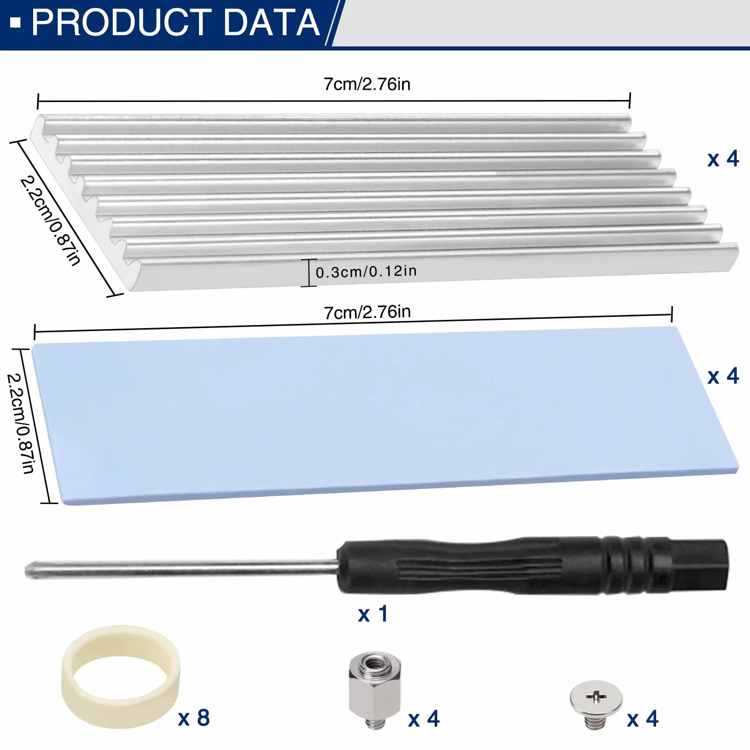 4 Pezzi Alette di Raffreddamento M.2 SSD, VooGenzek Dissipatore di Calore in Alluminio, con Viti SSD M.2 e Cuscinetto Termico in Silicone, per Computer Portatile Desktop, 70x22x3mm, D'argento