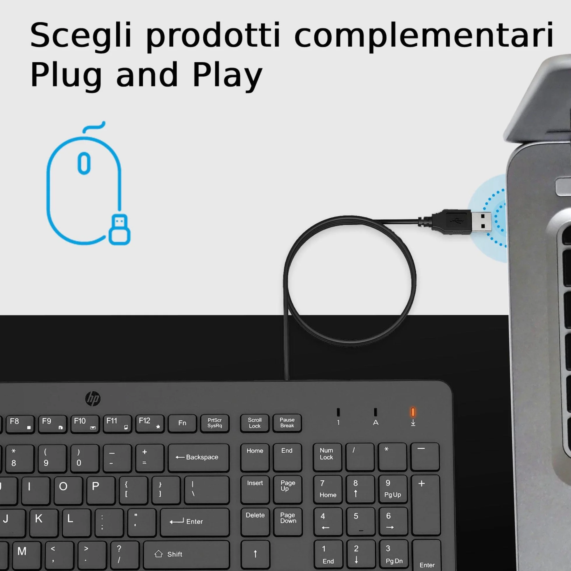 HP 150 Combo Tastiera e Mouse con cavo USB da 100 cm, Indicatore LED Blocco Maiuscole, 12 Combinazioni di Tasti, Plug and Play, Mouse Sensore Ottico da 1600 DPI, Compatibile con Windows 11, Nera