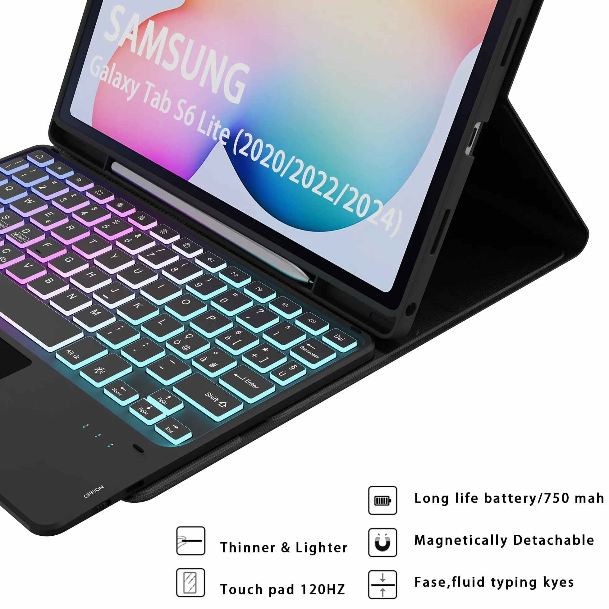 Custodia con Tastiera per Samsung Galaxy Tab S6 Lite 10.4" 2024/2022/2020 : DIY a 3 zone e 7 colori retroilluminati Custodia per tastiera, Italiano ‎QWERTY Staccabile Tastiera con Touchpad per S6 Lite