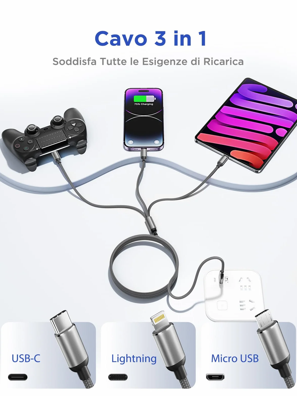 3 in 1 Multiplo Cavo USB Type-C 1.2M Ricarica Rapida Nylon Intrecciato per Samsung iPhone Huawei