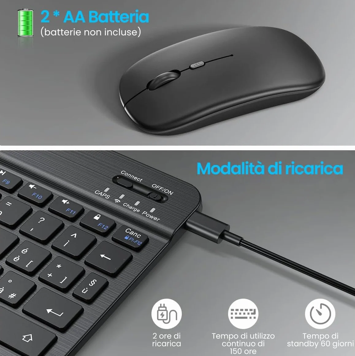 Cimetech Tastiera e mouse wireless Bluetooth, tastiera ergonomica ultrasottile con batteria ricaricabile integrata per iOS, Mac, iPad, Windows e sistemi operativi Android 3.0, Italiano QWERTY, nero