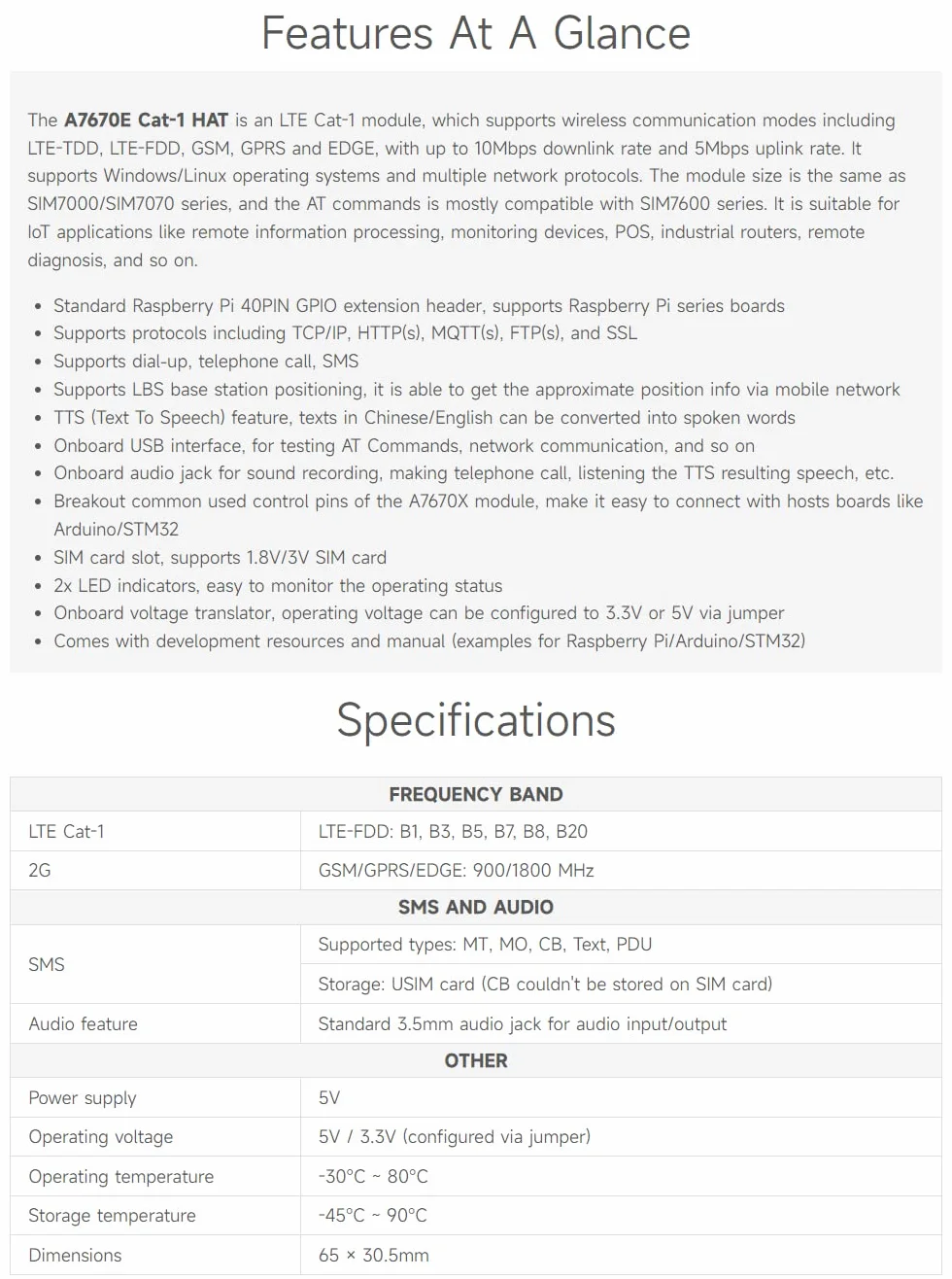 Waveshare A7670E LTE Cat-1 HAT per Raspberry Pi LTE Cat-1 2G GSM/GPRS LBS Multi Band